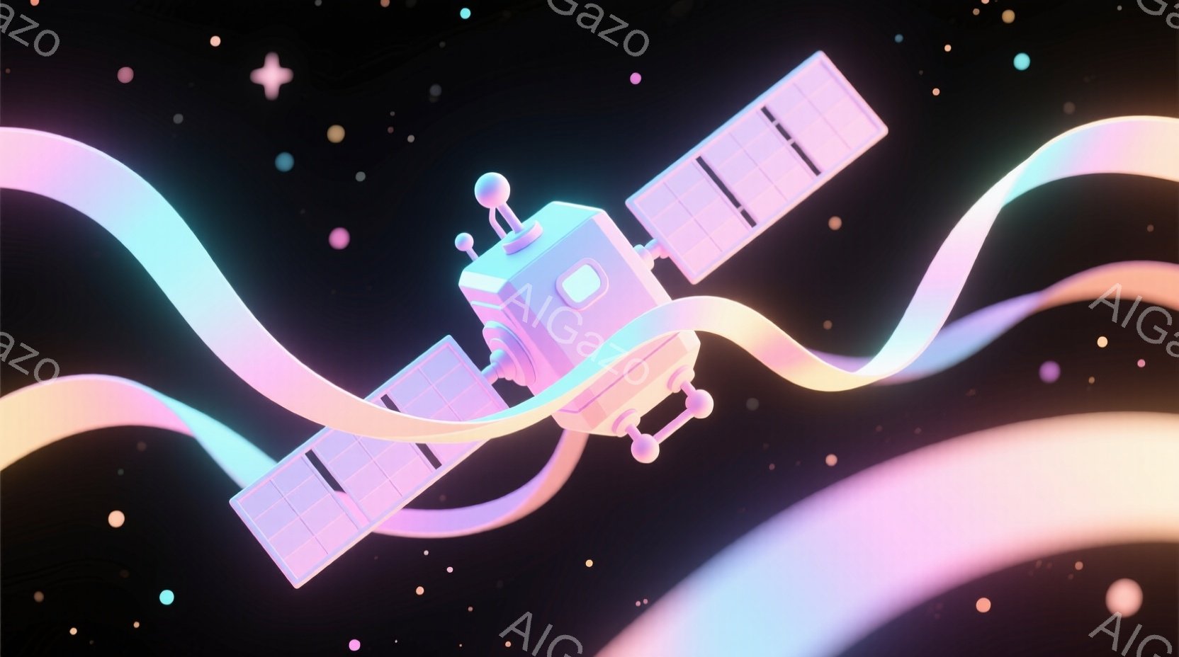 鮮やかなピンクと紫を基調とした背景に、未来的な衛星が描かれています。衛星は幾何学的な形状で構成され、ソーラーパネルが特徴的です。背景には、明るい光の帯と小さな光点が散りばめられており、幻想的な宇宙空間を表現しています。