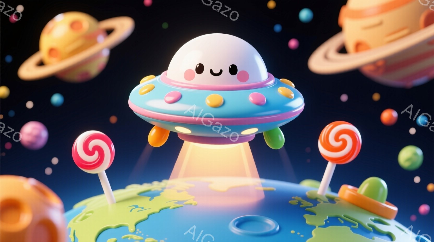 鮮やかな水色とピンク色のUFOが、お菓子の惑星に着陸している様子が描かれています。惑星にはキャンディーやグミが点在し、夜空には色とりどりの惑星が浮かんでいます。全体的に明るく可愛らしい雰囲気で、夢のよ - AI生成フリー素材