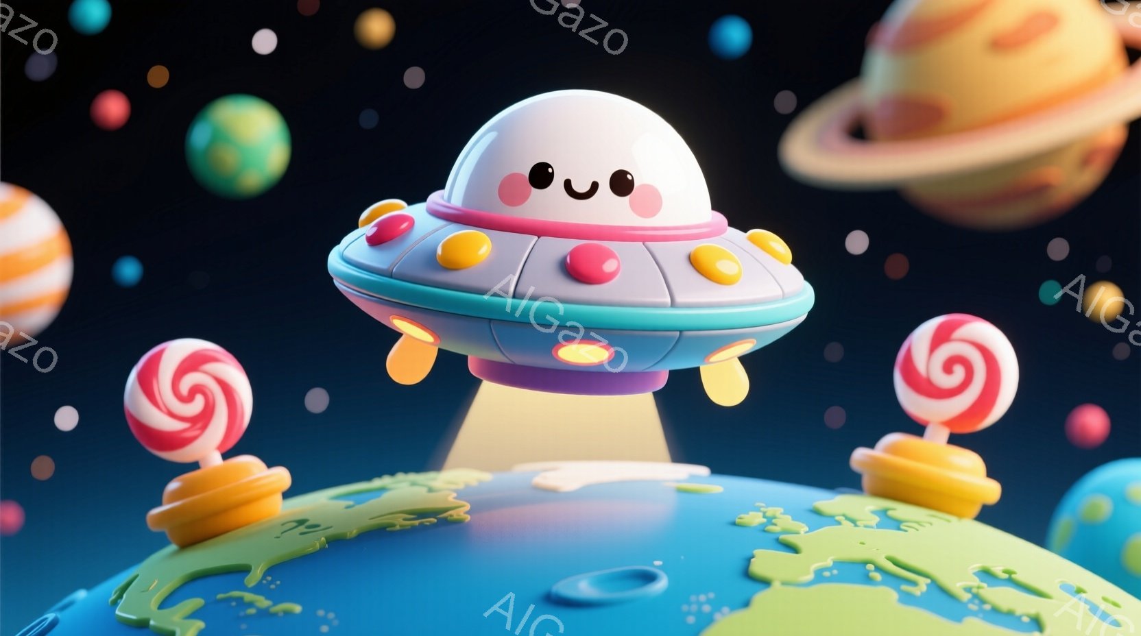 鮮やかな色彩で描かれた、お菓子の惑星のような世界です。青い地球の上に、可愛らしいUFOが浮かんでおり、まるでキャンディーのような棒が地球の表面に立っています。背景には様々な色の惑星や星が散りばめられ、 - AI生成フリー素材