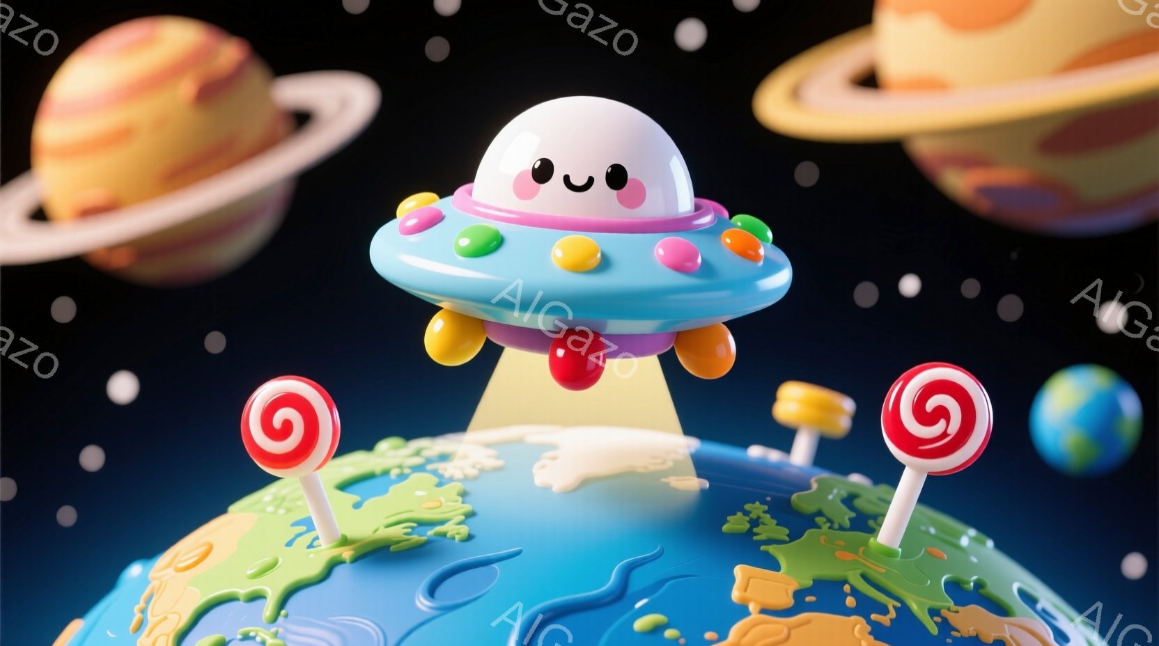 鮮やかな色彩で構成された可愛らしい地球とUFOのイラストです。地球はキャンディで飾られ、まるで遊園地のような楽しい雰囲気を醸し出しています。UFOは笑顔で、地球の上空に浮かび、平和な世界観を表現しています。