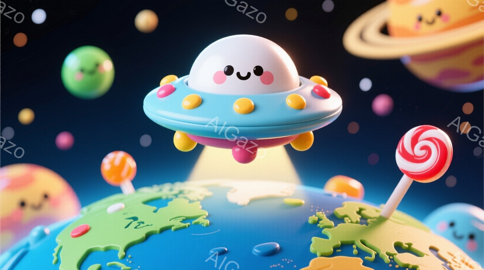 鮮やかな色彩で構成された、お菓子の惑星が空中に浮かぶ可愛らしい光景です。青い地球には緑色の陸地が描かれ、キャンディーが点在しています。UFOは愛らしい表情をしており、惑星の周りを優雅に旋回しています。 - AI生成フリー素材