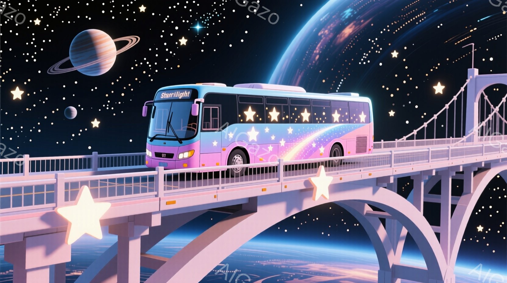 星が散りばめられた夜空を背景に、虹色の装飾が施されたバスが未来的な橋の上を走行している様子を描いています。地球と他の惑星が遠くに見え、バスのヘッドライトが光り、幻想的な雰囲気を醸し出しています。全体的に、宇宙旅行や夢のような冒険を連想させる、鮮やかでカラフルなイラストです。