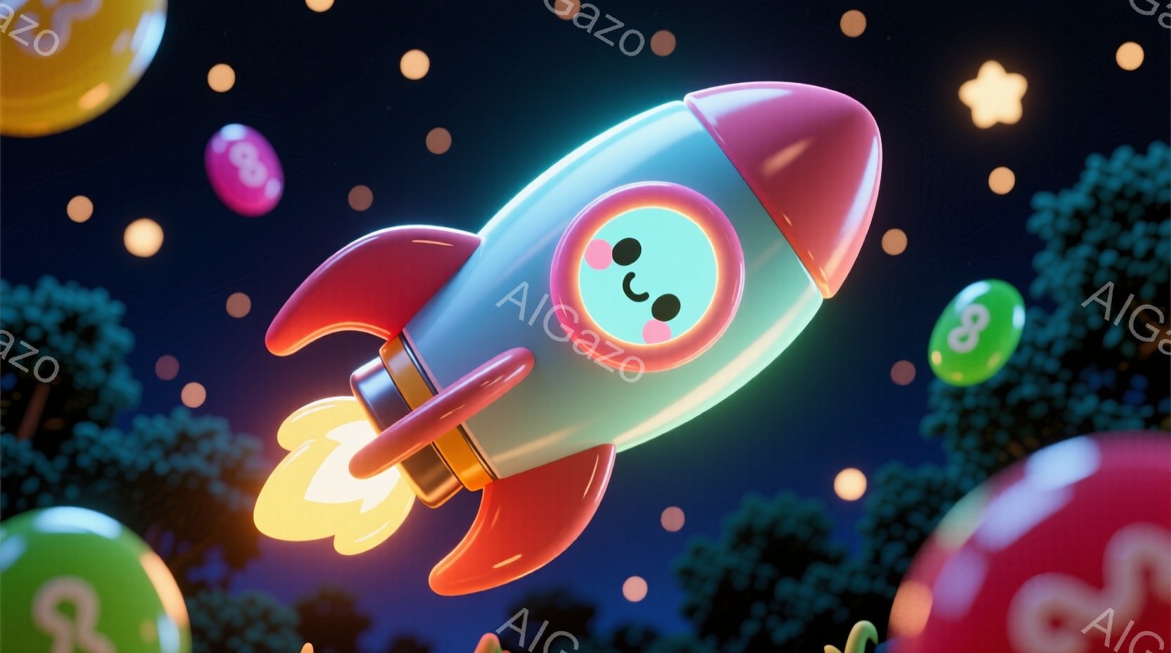 鮮やかなピンクと水色のロケットが、燃え盛るオレンジ色の炎を噴き出しながら空を飛んでいる。背景には、様々な色の水玉模様の球体と、ぼやけた緑色の植物が浮かび、まるで夢の中のような幻想的な雰囲気を作り出して - AI生成フリー素材