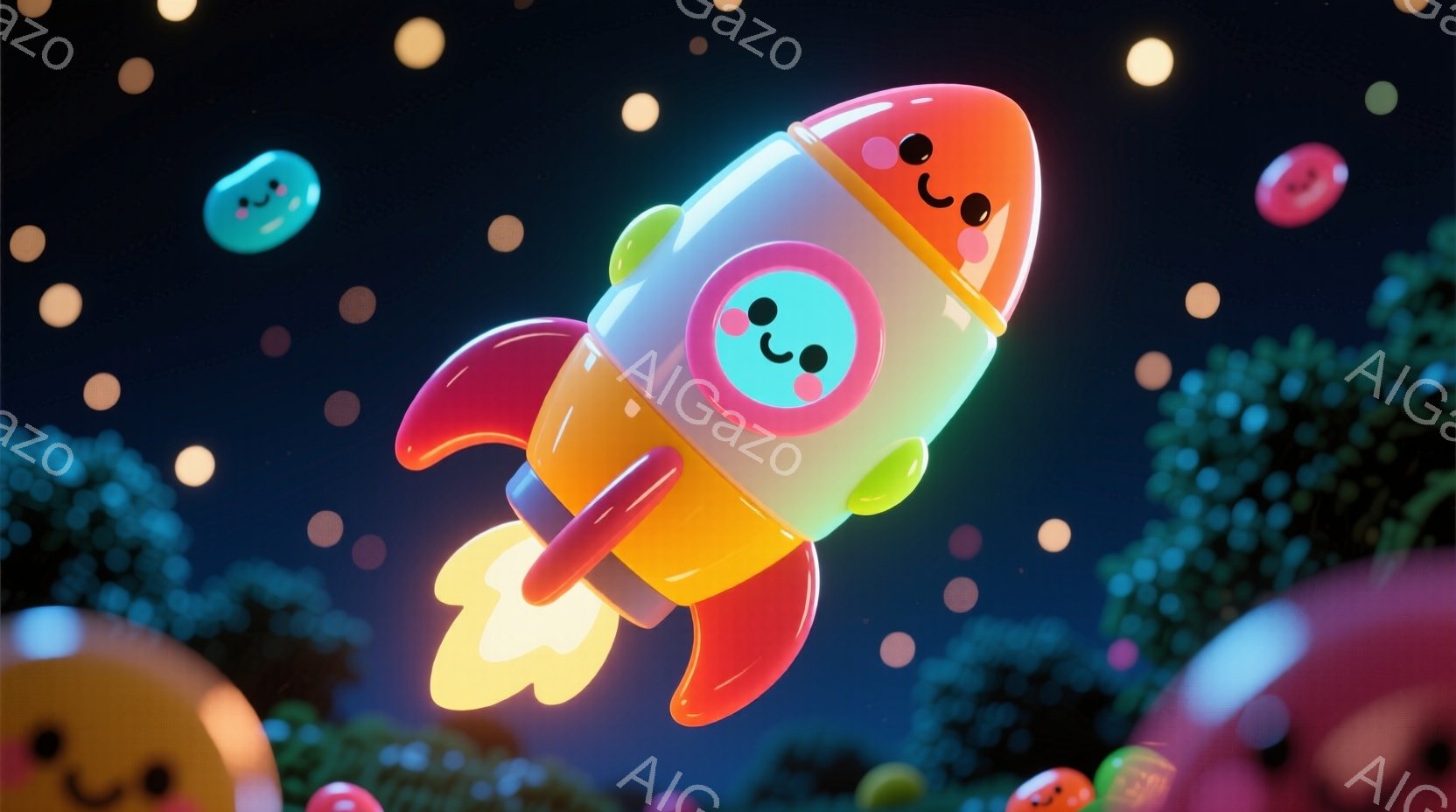 明るい色合いのロケットが、燃え上がる炎を伴い、空を飛んでいる様子が描かれています。背景には、丸い顔をしたカラフルな雲のようなものが点在し、まるでファンタジーの世界のようです。全体的に可愛らしく、遊び心に満ちた雰囲気です。