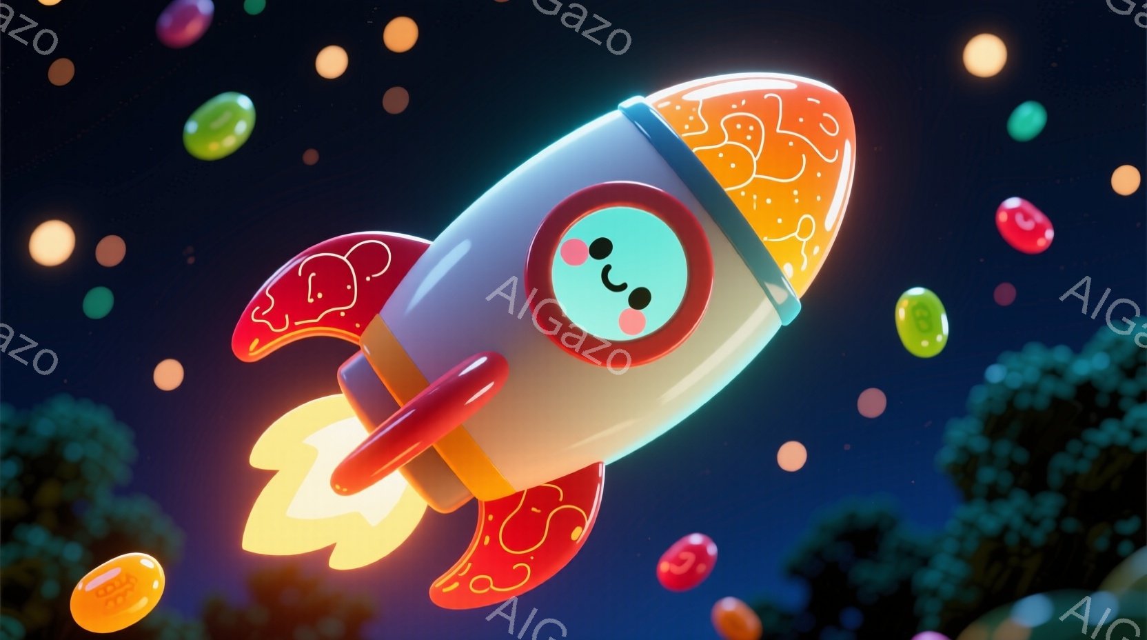 鮮やかなオレンジとクリーム色のロケットが、赤い炎を噴き出しながら空を飛んでいます。ロケットの先端には、笑顔の顔が描かれており、可愛らしい印象を与えます。背景には、様々な色の光る粒と、ぼやけた緑色の植物 - AI生成フリー素材