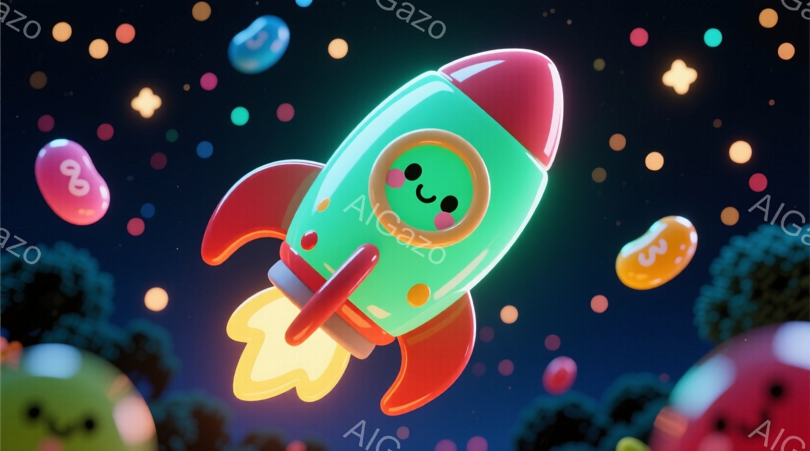 鮮やかな緑色のロケットが、燃え盛るオレンジ色の炎を噴き出しながら宇宙空間を飛んでいる。ロケットには可愛らしい表情が描かれており、周囲には様々な色の丸い惑星や星が散りばめられている。全体的に明るく、ポッ - AI生成フリー素材