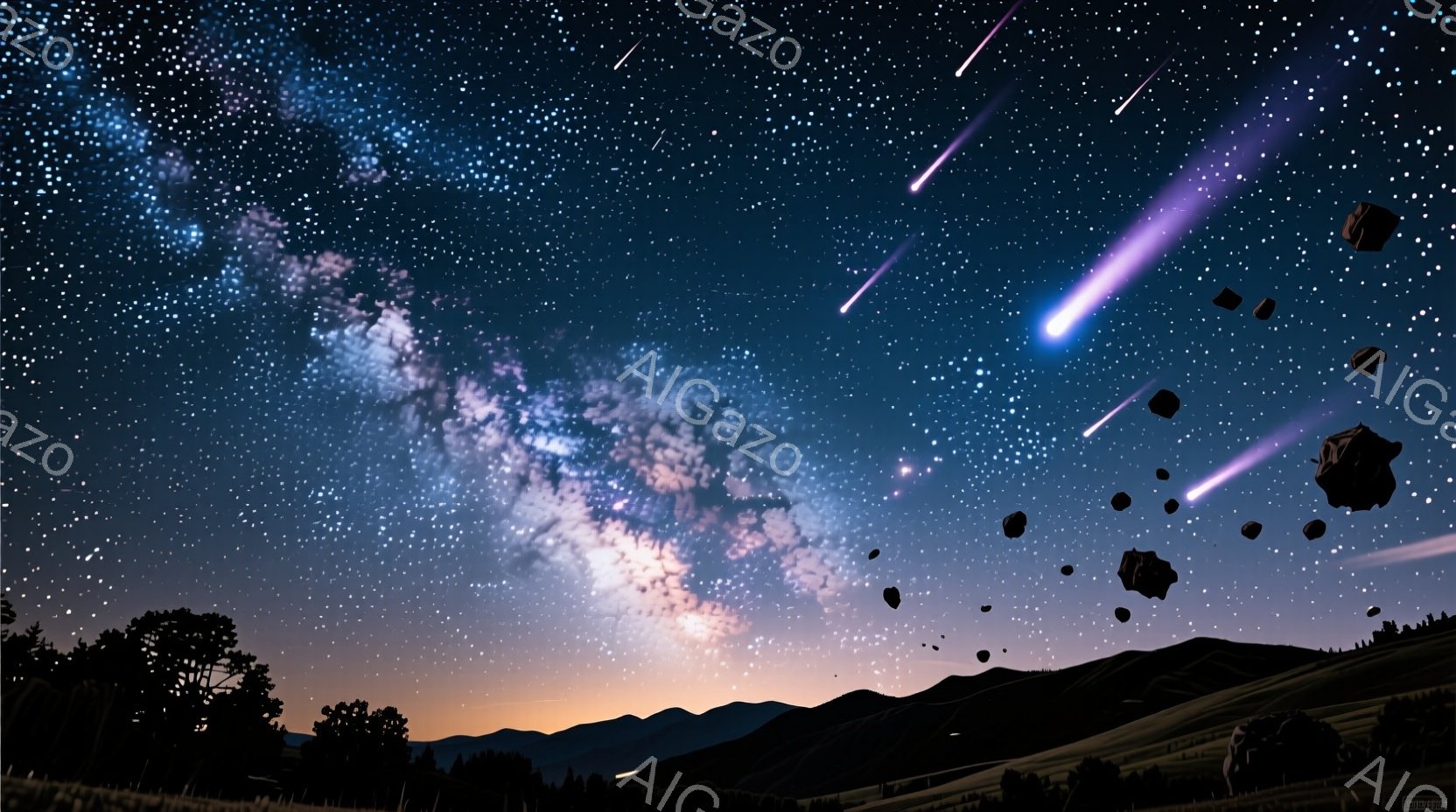 夜空には天の川が壮大に広がり、明るい星々が散りばめられています。地平線にはシルエットで山並みが連なり、空には数本の流星が光跡を残しながら飛んでいます。全体的に神秘的で幻想的な雰囲気が漂い、自然の雄大さ - AI生成フリー素材