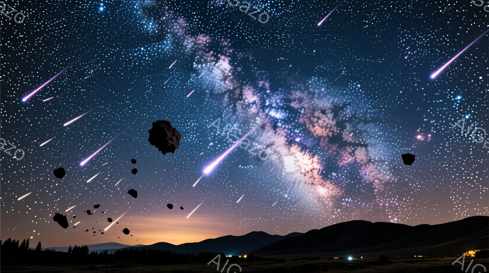 夜空には天の川が広がり、無数の星々が輝いている。地平線にはシルエットで山並みが連なり、その下には街の明かりが灯っている。空には隕石のような岩石がいくつか飛び交い、まるで終末的な光景を連想させる幻想的な雰囲気を醸し出している。