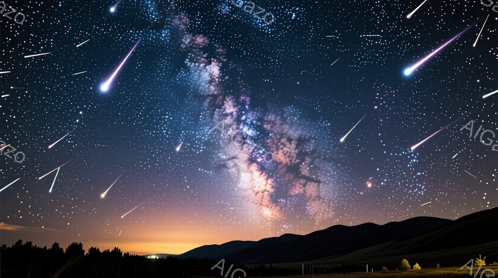 深い夜空に天の川が壮大に広がっており、無数の星々が輝いている。地平線には暗いシルエットの山々が連なり、緑の草地が広がっている。流星が夜空を横切り、神秘的で幻想的な雰囲気を醸し出している。 - AI生成フリー素材