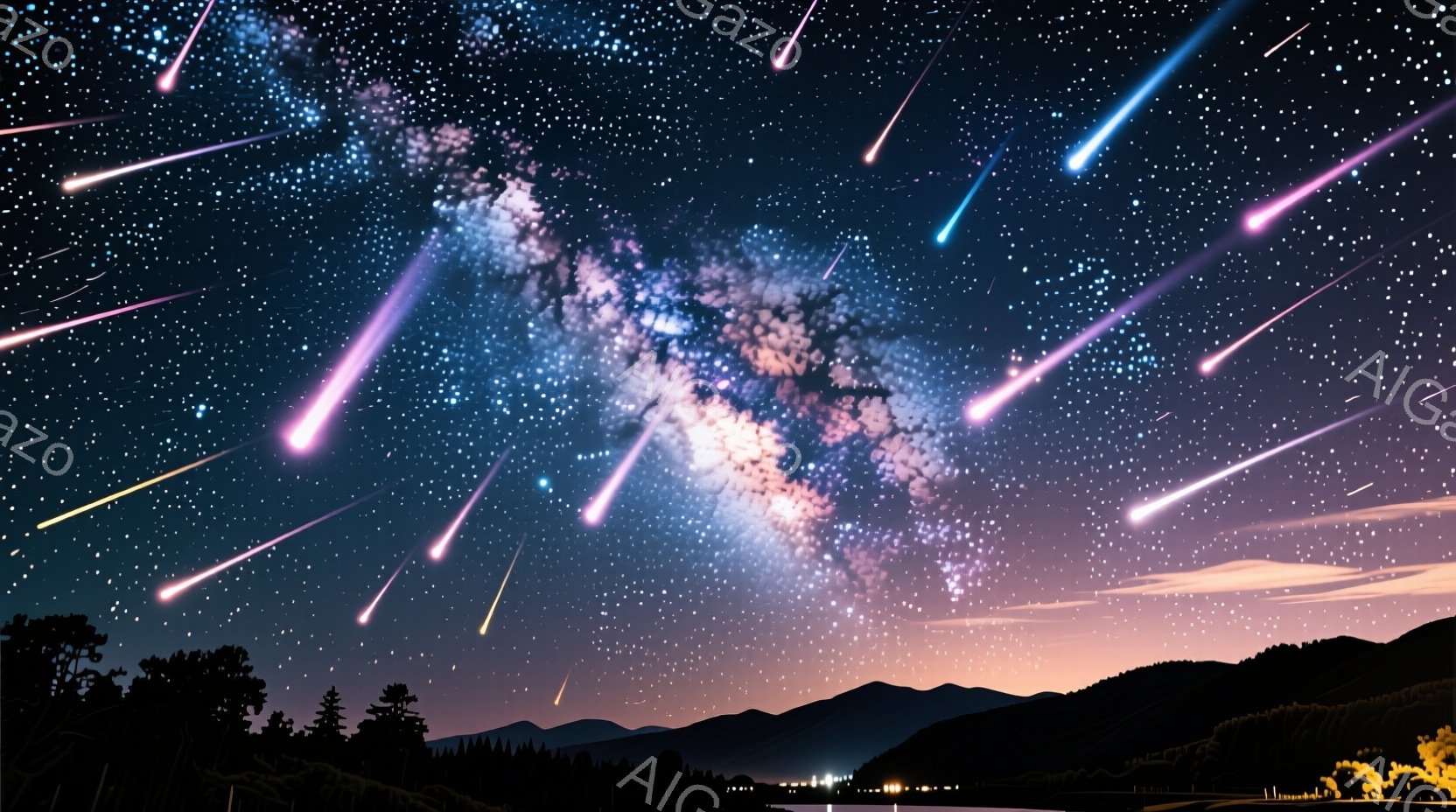 息をのむような夜空が広がり、天の川が鮮やかな色彩で描かれている。流星が多数夜空を駆け抜け、壮大な光の軌跡を描き、地平線には暗いシルエットの山並みが連なっている。全体的に幻想的で、畏敬の念を抱かせる、自然の壮大さを感じさせる雰囲気である。