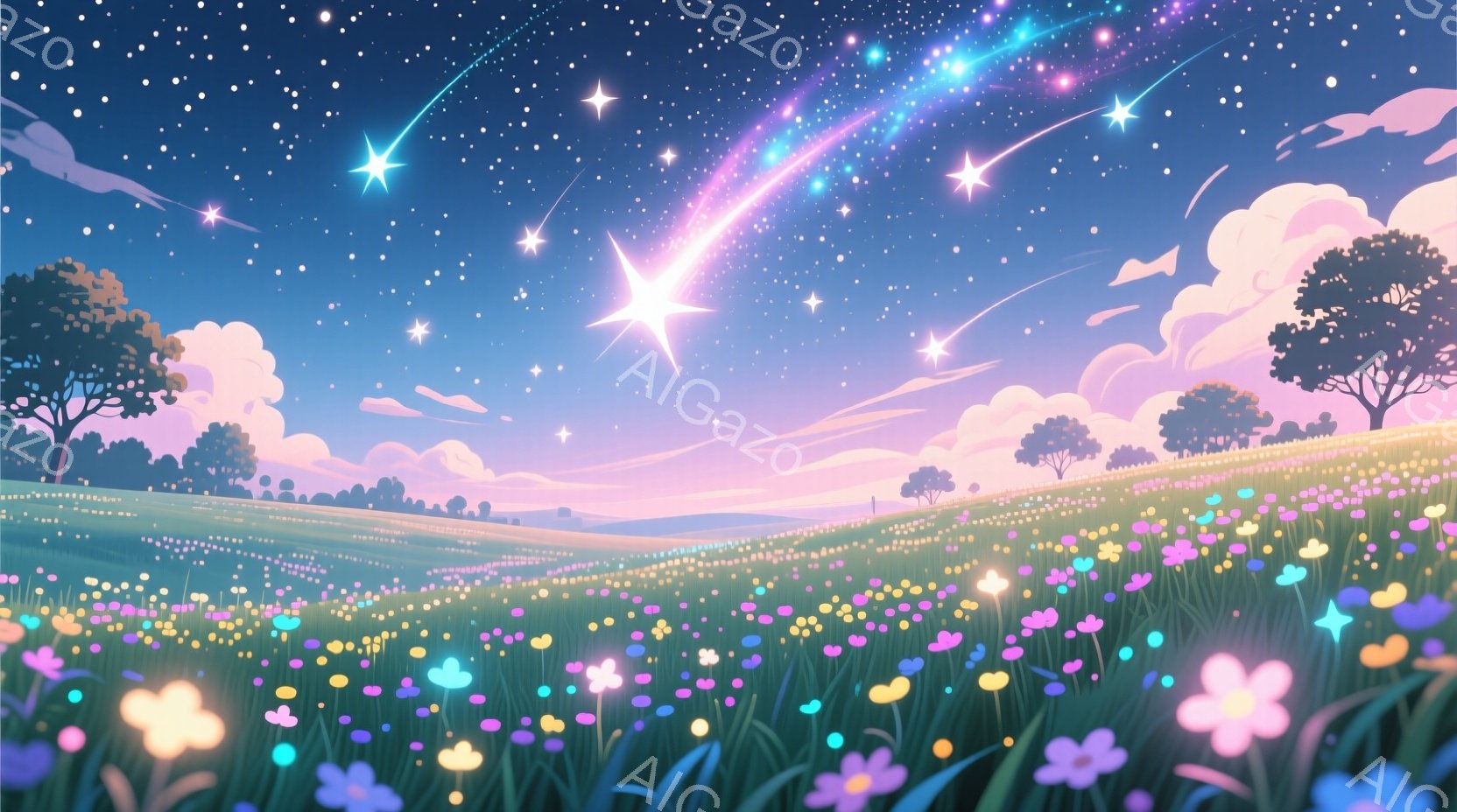 広大な草原が、さまざまな色の花で埋め尽くされており、夜空には無数の星が輝いている。ピンクと紫色のグラデーションが美しい夜空には、流れ星がいくつも飛び交い、幻想的な雰囲気を醸し出している。遠くにはシルエットで描かれた木々や丘が見え、穏やかで平和な情景が広がっている。