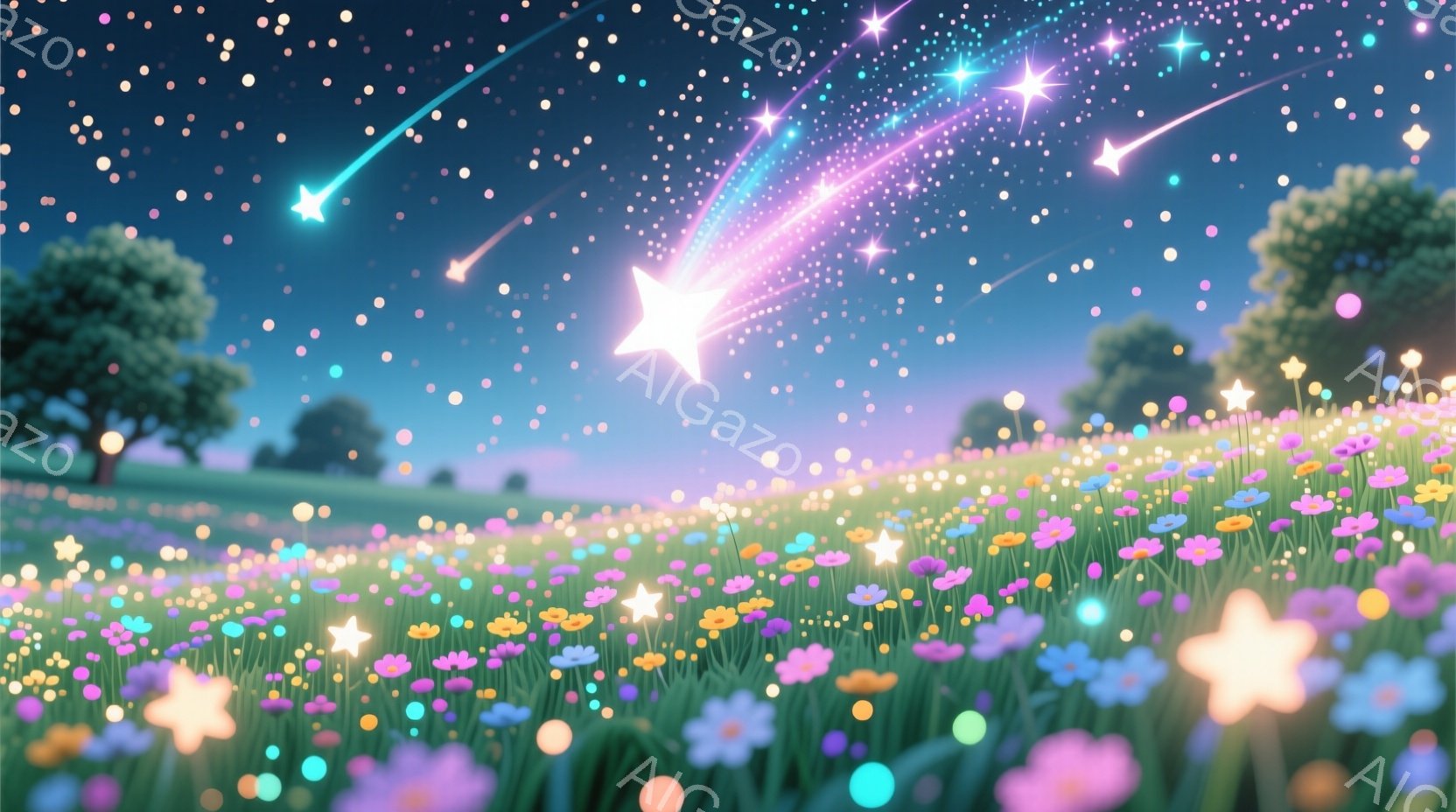 夜空には無数の星が輝き、色とりどりの花が咲き乱れる草原が広がっています。空には、明るい光跡を残しつつある流れ星が複数見られ、幻想的な雰囲気を醸し出しています。花々や空には、星のような光が散りばめられ、まるで夢の中にいるような感覚を覚えます。
