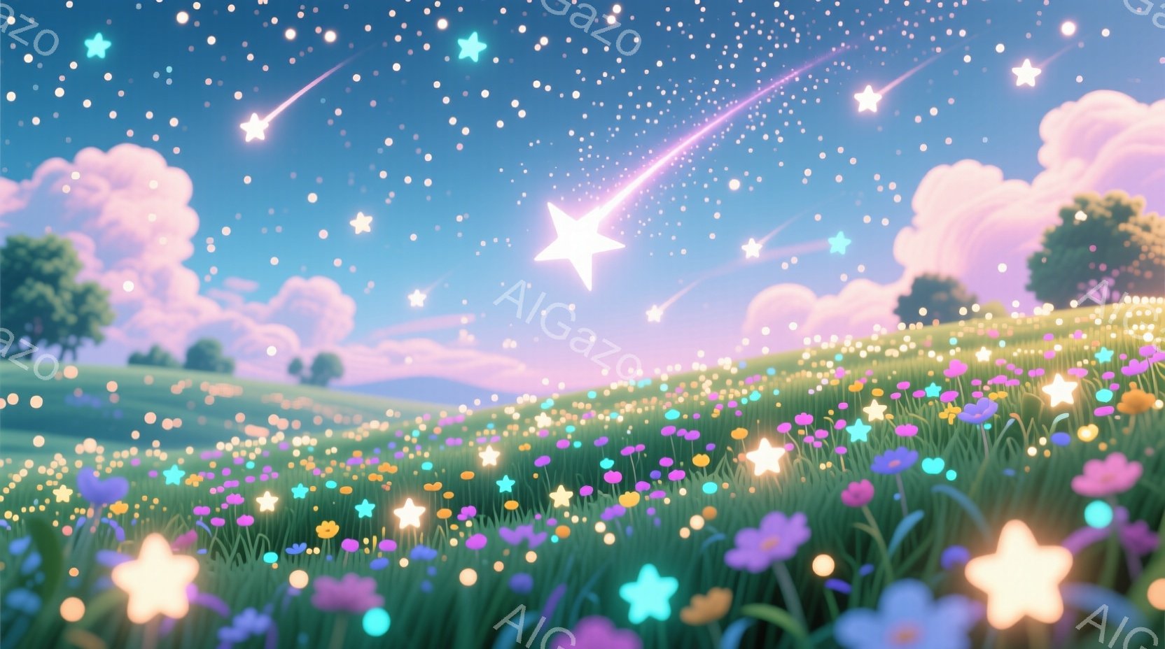 鮮やかな緑の草原が広がり、色とりどりの花々が咲き乱れている。空にはふわふわとした雲が浮かび、無数の星と流れ星が輝き、幻想的な雰囲気を醸し出している。全体的に明るく、希望に満ちた、夢のような光景が広がっている。