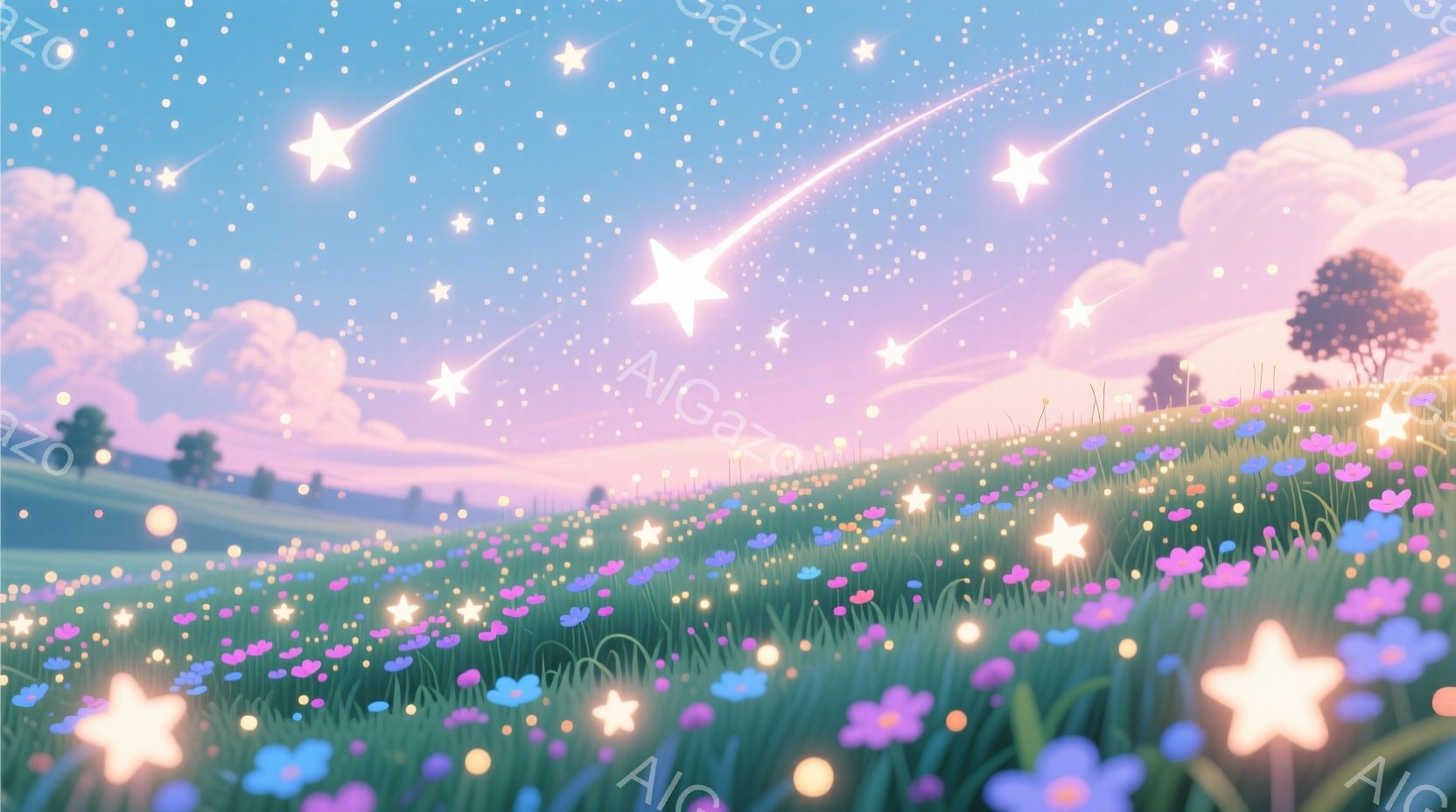 広大な花畑が広がり、夜空には無数の星と流れ星が輝いている。鮮やかなピンク、紫、青色の花々が咲き乱れ、背景には穏やかな丘と木々が連なっている。全体的に幻想的で夢のような、平和な雰囲気が漂っている。