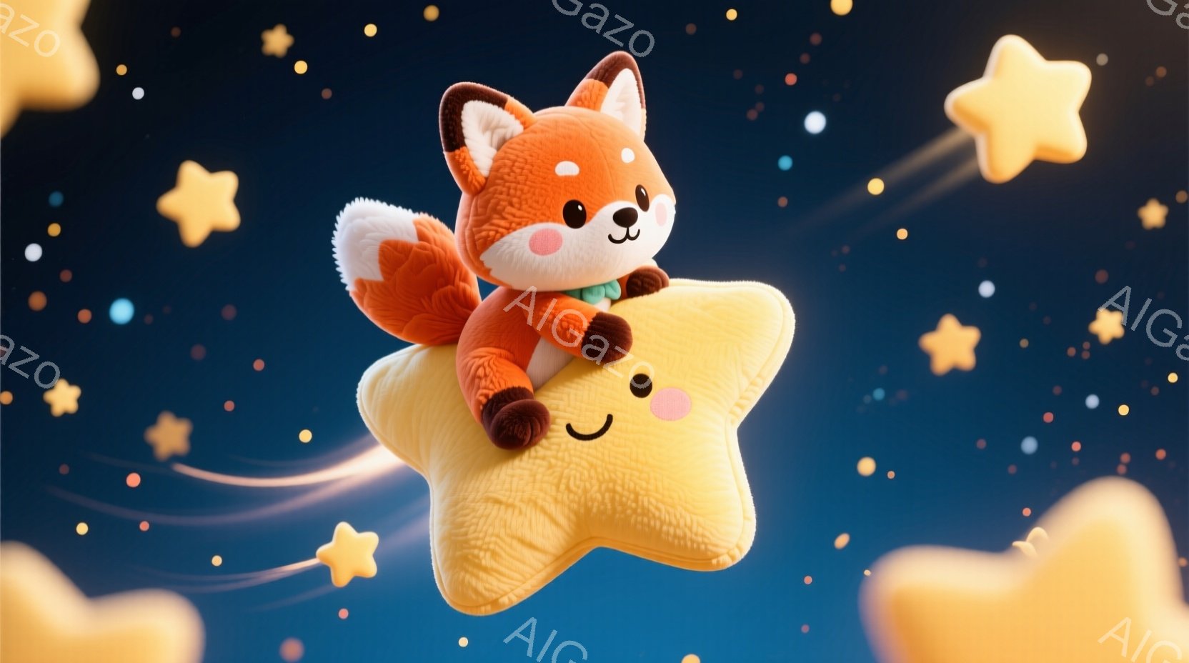 明るい青色の背景に、ふわふわとした星のクッションに乗った子ギツネが描かれています。子ギツネは赤い毛並みで、白い胸と腹部、大きなふさふさとした尾を持っています。星のクッションと子ギツネは笑顔で、全体的に - AI生成フリー素材