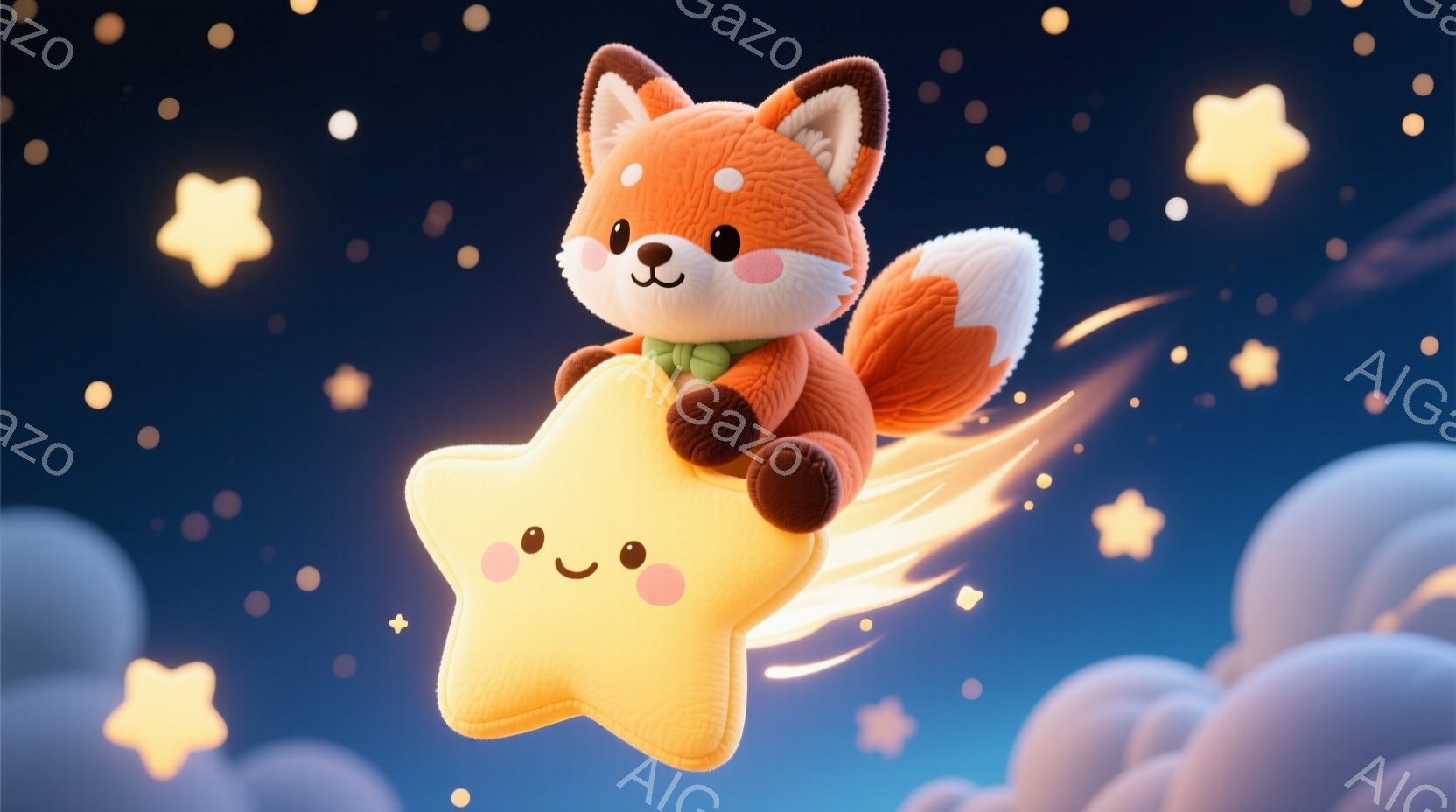 オレンジ色の愛らしい子ギツネが、光り輝く星の形をした雲に乗って空を飛んでいる様子が描かれています。子ギツネは緑色のリボンを首に巻き、嬉しそうな表情を浮かべており、その姿は非常に可愛らしいです。背景には - AI生成フリー素材