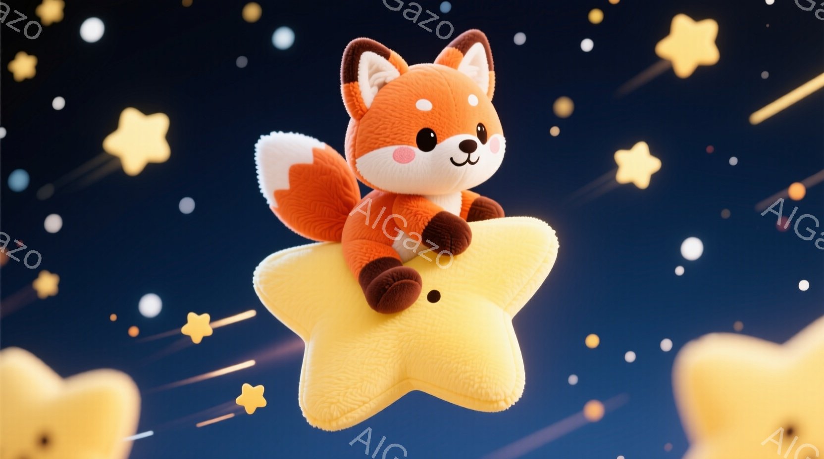 明るい青色の背景に、ふわふわのオレンジ色のキツネが、柔らかい黄色の星の上に座っています。キツネはつぶらな瞳で、穏やかな表情を浮かべ、楽しそうに星の鞍にまたがっています。背景には、大小さまざまな星が散り - AI生成フリー素材