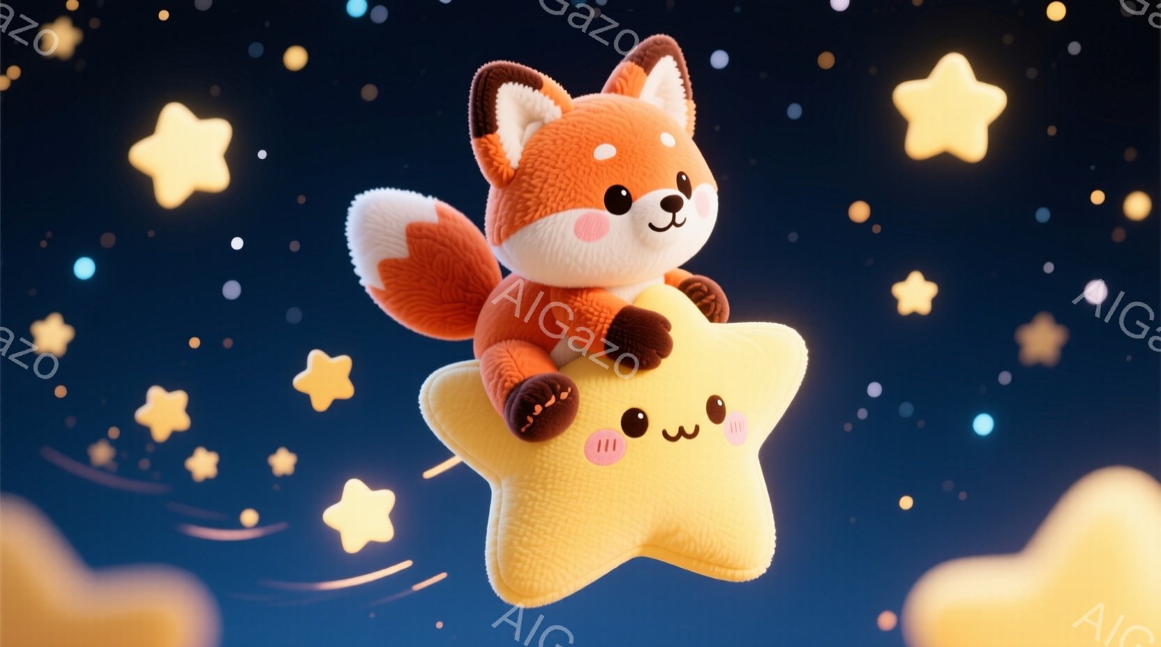 明るい青色の背景に、ふわふわのオレンジ色の狐が、大きな黄色い星の雲の上に乗って浮かんでいます。狐は満面の笑みを浮かべ、片手を上げて喜んでいる様子です。背景には、様々な大きさの星が散りばめられ、夢のよう - AI生成フリー素材