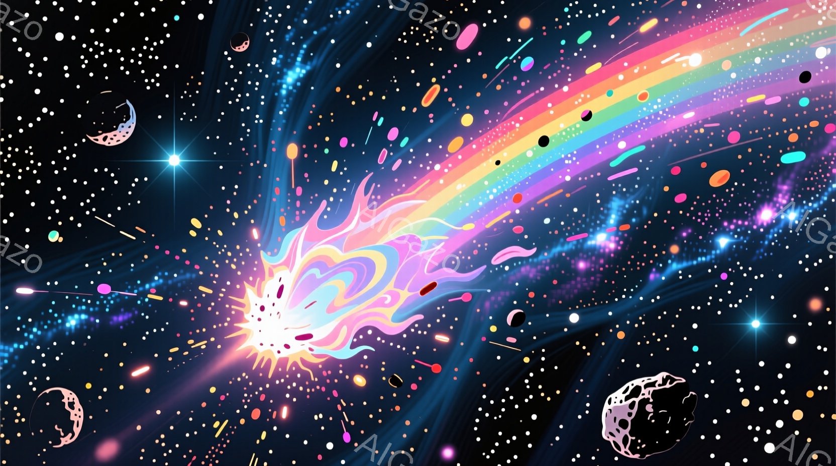 宇宙空間を舞台に、鮮やかな虹色のエネルギーが爆発の中心から放射状に広がっている様子が描かれている。白く輝く爆発源から、ピンク、紫、水色、緑、黄色といった色が混ざり合い、流れるような光の帯が形成され、無数の星々が背景に散りばめられている。小惑星のような岩石もいくつか見られ、幻想的でダイナミックな宇宙の光景を表現している。