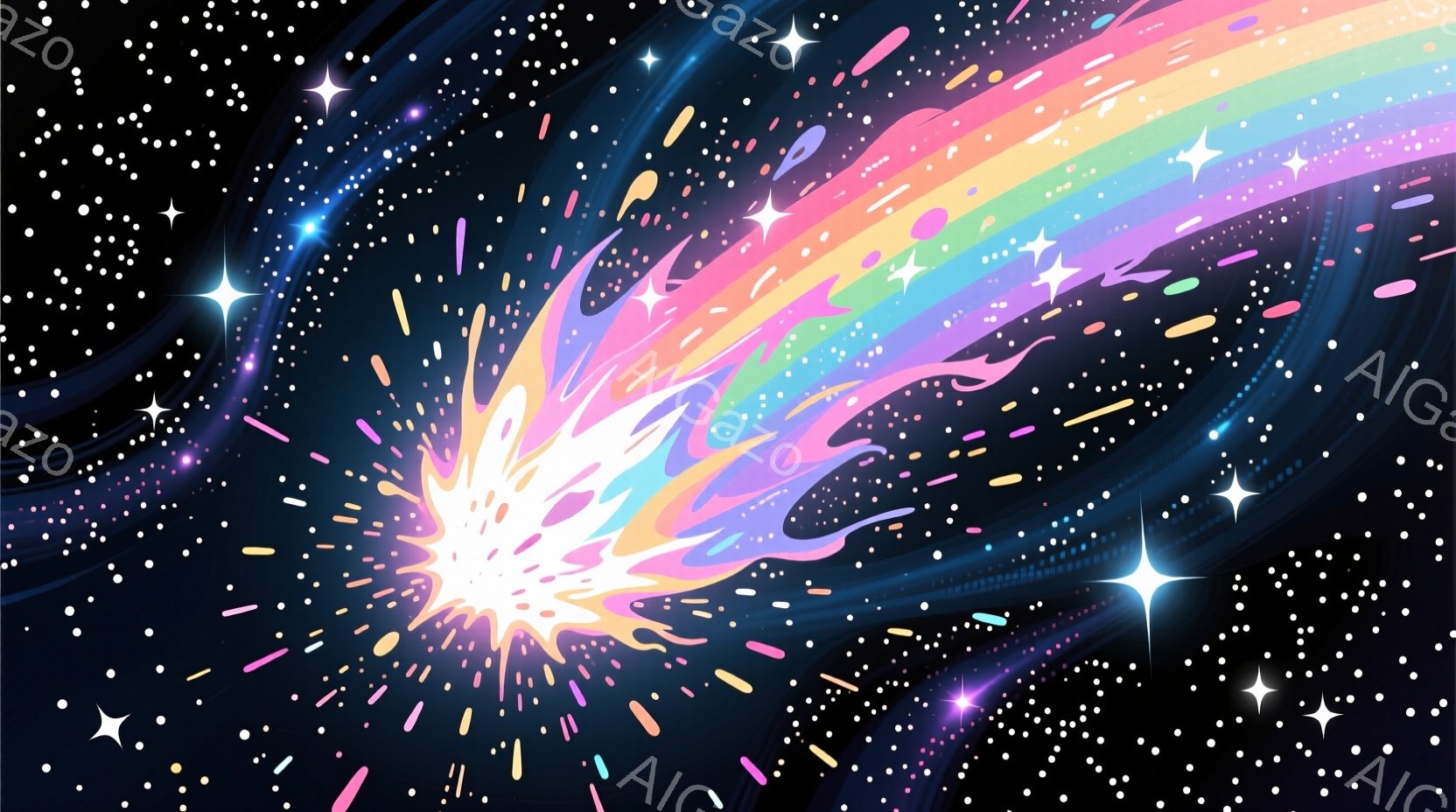 宇宙空間を背景に、白く輝く爆発が起き、そこから虹色の光の筋が放射状に広がっている様子が描かれている。星屑のような無数の光の粒子が、爆発と光の筋を彩り、幻想的で壮大な雰囲気を醸し出している。全体的に、鮮やかでダイナミックな色彩が、視覚的なインパクトを与えている。