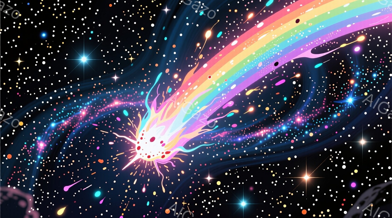 漆黒の宇宙空間を背景に、鮮やかな虹色の光が爆発するように広がっています。光は白く輝く中心から放射状に広がり、小さな光の粒子が星のように散りばめられています。全体的に幻想的で、エネルギーに満ちた、夢のような雰囲気です。