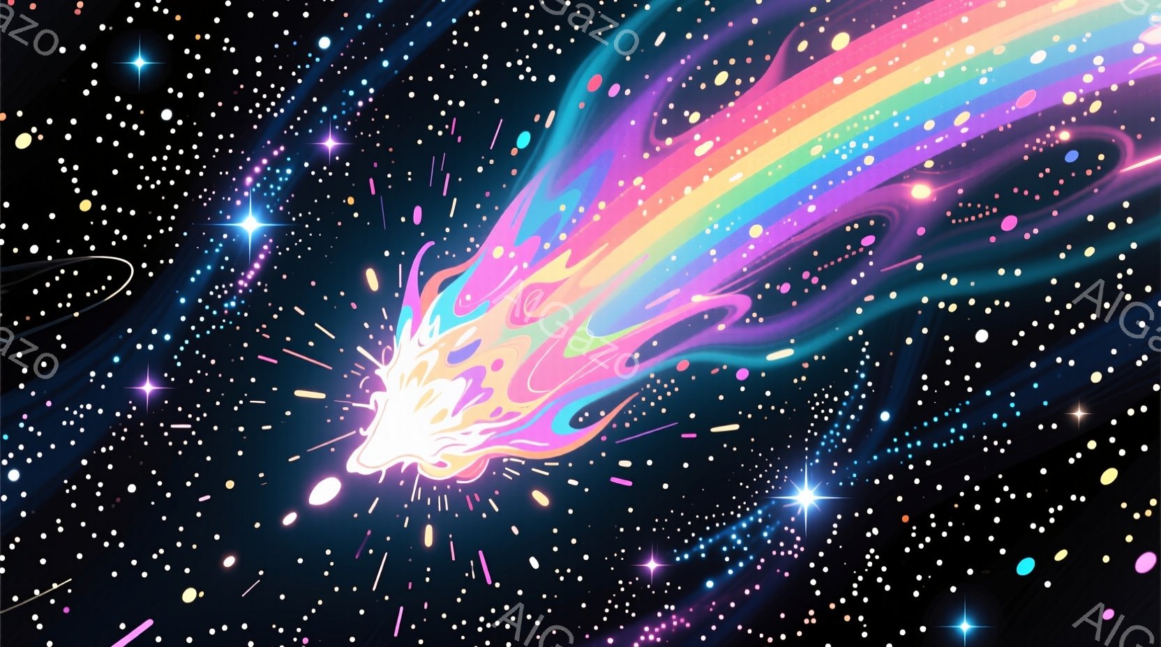 鮮やかな色彩の光跡が宇宙空間を駆け抜けている様子が描かれている。光は白からオレンジ、黄色、緑、青、紫へとグラデーションを描き、まるで彗星の尾のように流れている。背景には無数の星々が散りばめられており、幻想的で神秘的な雰囲気を醸し出している。