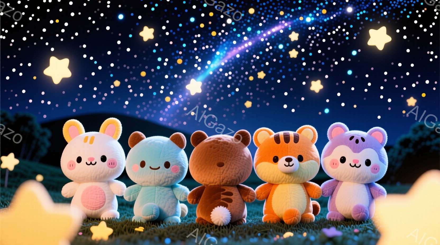 ふわふわの動物のぬいぐるみが、緑の草の上に並んで立っています。夜空には星が輝き、流れ星が尾を引いており、夢のような雰囲気を醸し出しています。ぬいぐるみたちはそれぞれ異なる色と表情をしており、可愛らしい姿が印象的です。