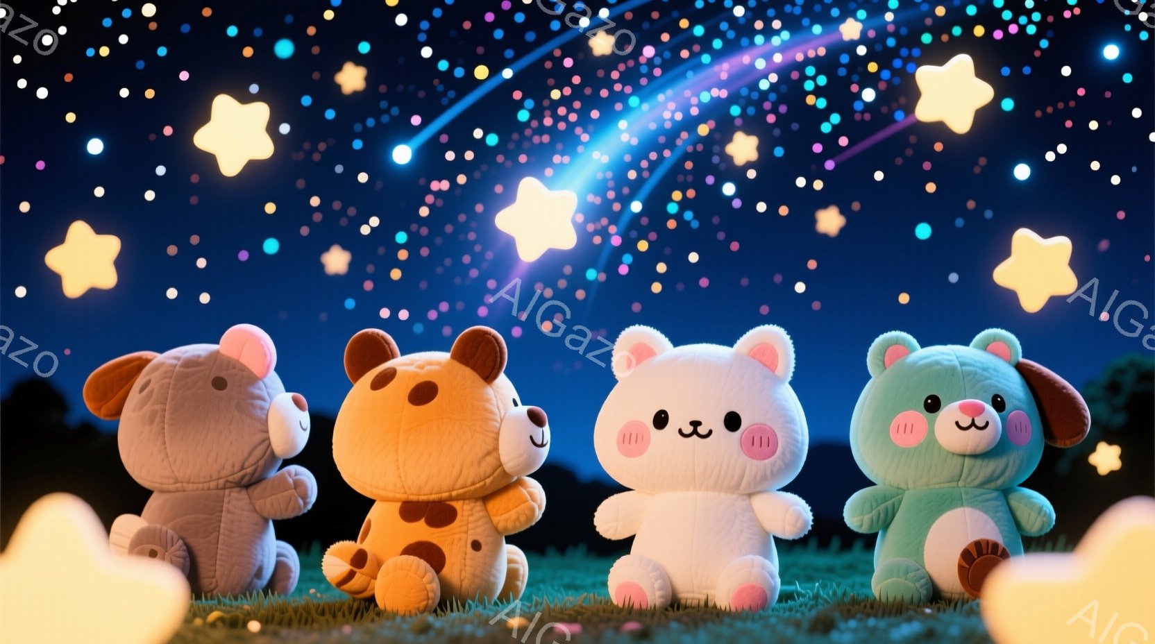 夜空を背景に、四匹のふわふわとした動物のぬいぐるみたちが並んでいます。それぞれのぬいぐるみは異なる色と模様を持ち、可愛らしい表情をしています。背景には星が散りばめられ、幻想的な雰囲気を醸し出しています - AI生成フリー素材