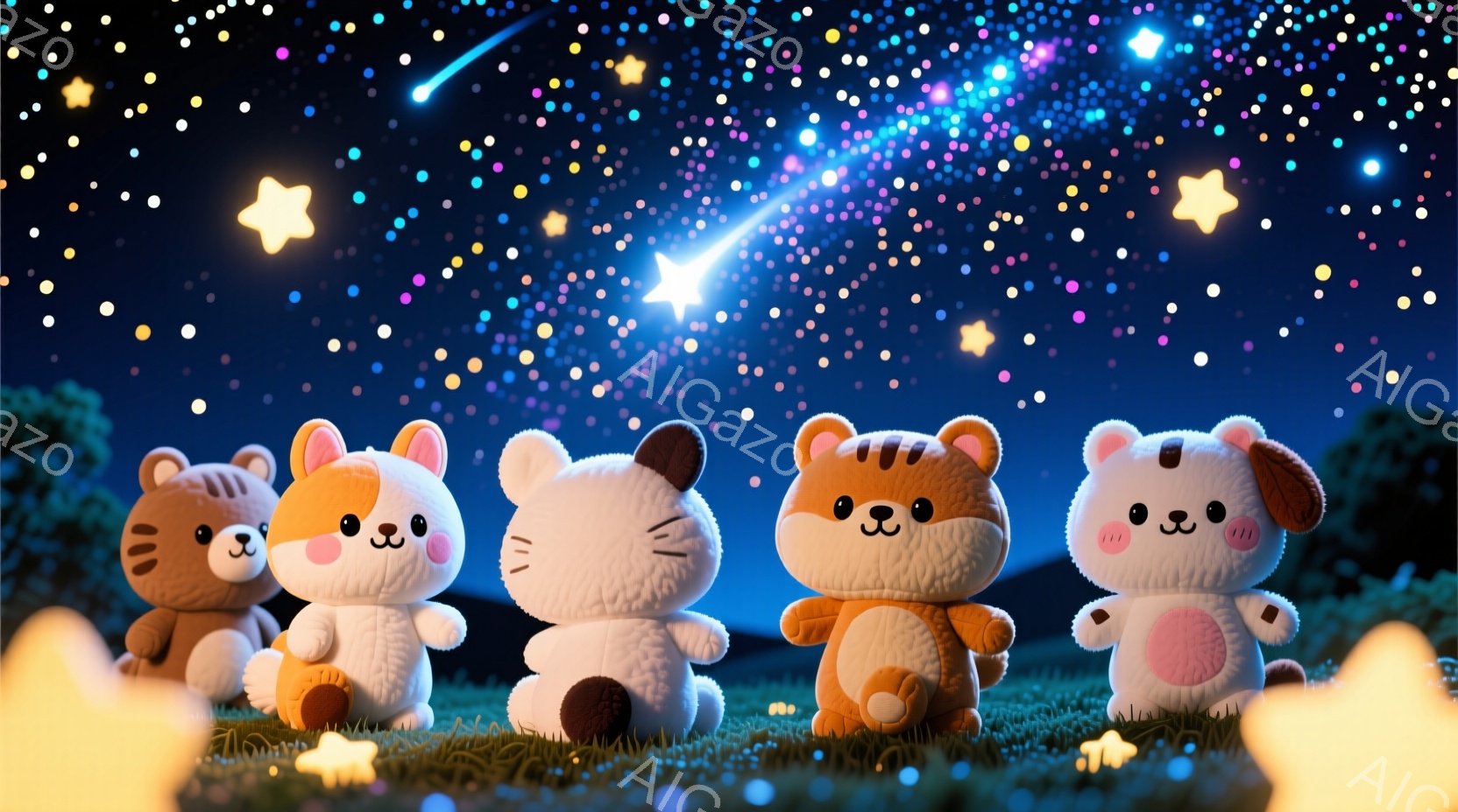 ５匹の愛らしい動物のぬいぐるみが、緑の草の上に並んで座っています。それぞれ異なる動物を模したデザインで、茶色の毛並み、オレンジと白の毛並み、白とグレーの毛並みを持っています。背景には夜空が広がり、星や流れ星が輝き、暖かく幻想的な雰囲気を醸し出しています。