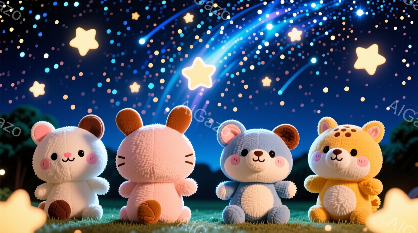 夜空を背景に、四匹の愛らしい動物のぬいぐるみたちが並んでいます。それぞれ、白くふわふわのクマ、ピンク色のウサギ、濃い青色のクマ、そしてオレンジ色のヒョウです。彼らは緑の芝生の上に座っており、まるで星空 - AI生成フリー素材