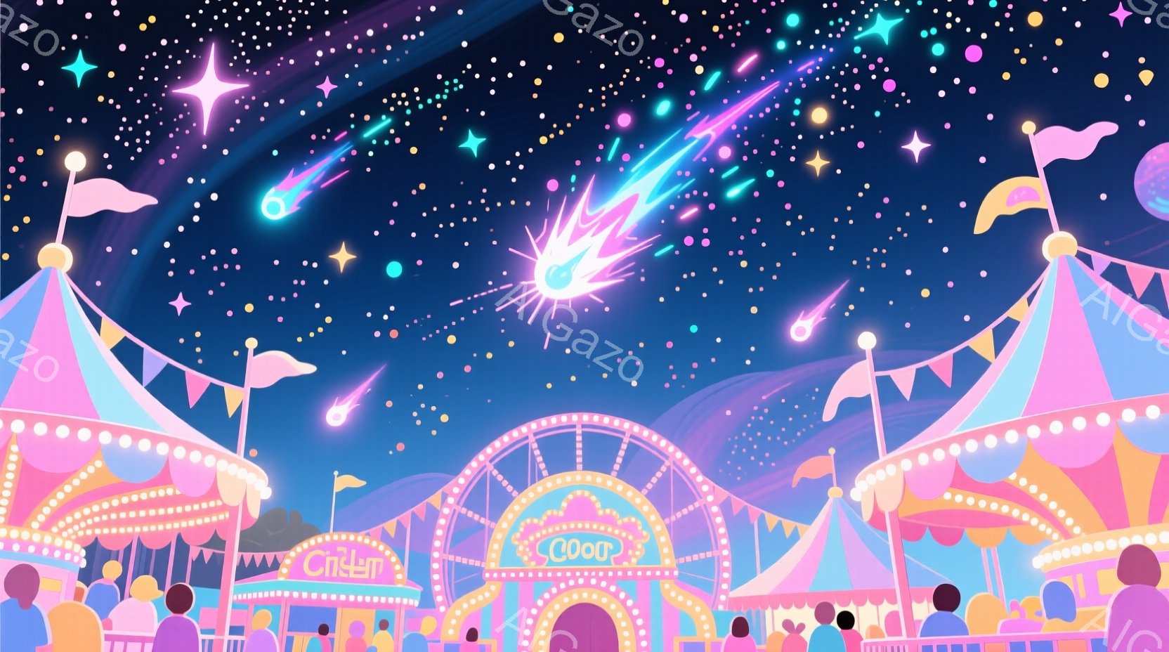 夜空を背景に、遊園地が描かれています。観覧車や屋台が並び、人々は楽しそうに遊園地を訪れています。空には流れ星が輝き、夢のような幻想的な雰囲気を醸し出しています。