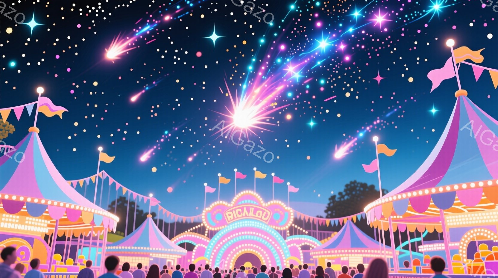 夜空を背景に、賑やかな祭りの様子が描かれている。観客はシルエットで表現されており、ピンクや紫のストライプのテントが立ち並び、まるで夢の中のような光景が広がっている。夜空には花火が打ち上げられ、会場全体 - AI生成フリー素材