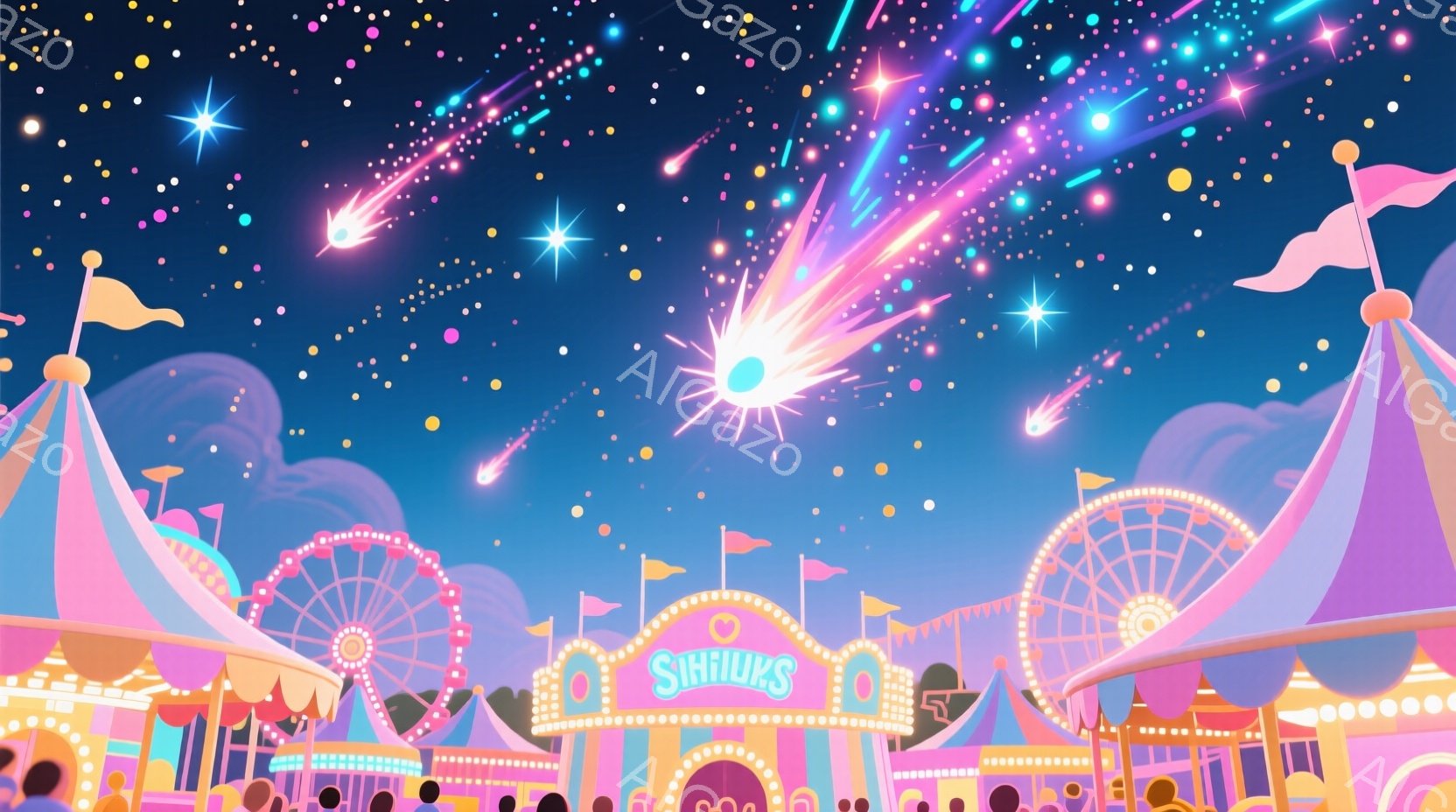 夜空に花火が咲き乱れ、遊園地の楽しい雰囲気が広がっています。ピンクと水色のストライプのテント、観覧車、イルミネーションが輝き、夢のような空間を作り出しています。明るい色調と星空が、お祭り気分を盛り上げ - AI生成フリー素材