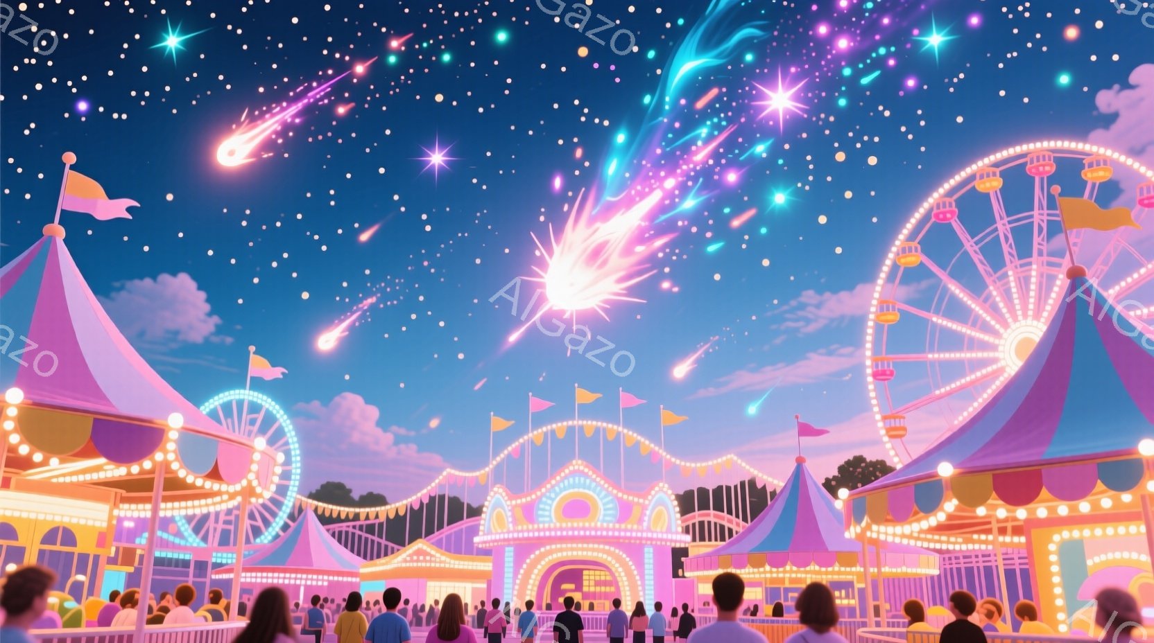 夜空には、鮮やかな花火が降り注ぎ、遊園地のカラフルなアトラクションが輝いている。多くの人々が楽しげに遊園地を訪れており、背景には観覧車やジェットコースター、テントなどが立ち並んでいる。全体的に、夢のよ - AI生成フリー素材