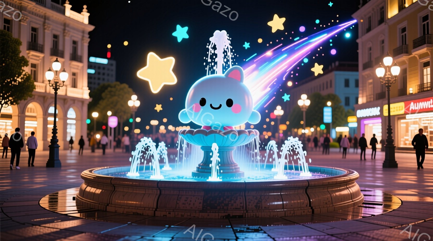 広場の中央には、愛らしい雲の形をした噴水が設置されており、青と白の光を放ちながら水が吹き出しています。背景には、ライトアップされた建物が並び、多くの人が散歩を楽しんでいます。夜空には星が輝き、幻想的で - AI生成フリー素材