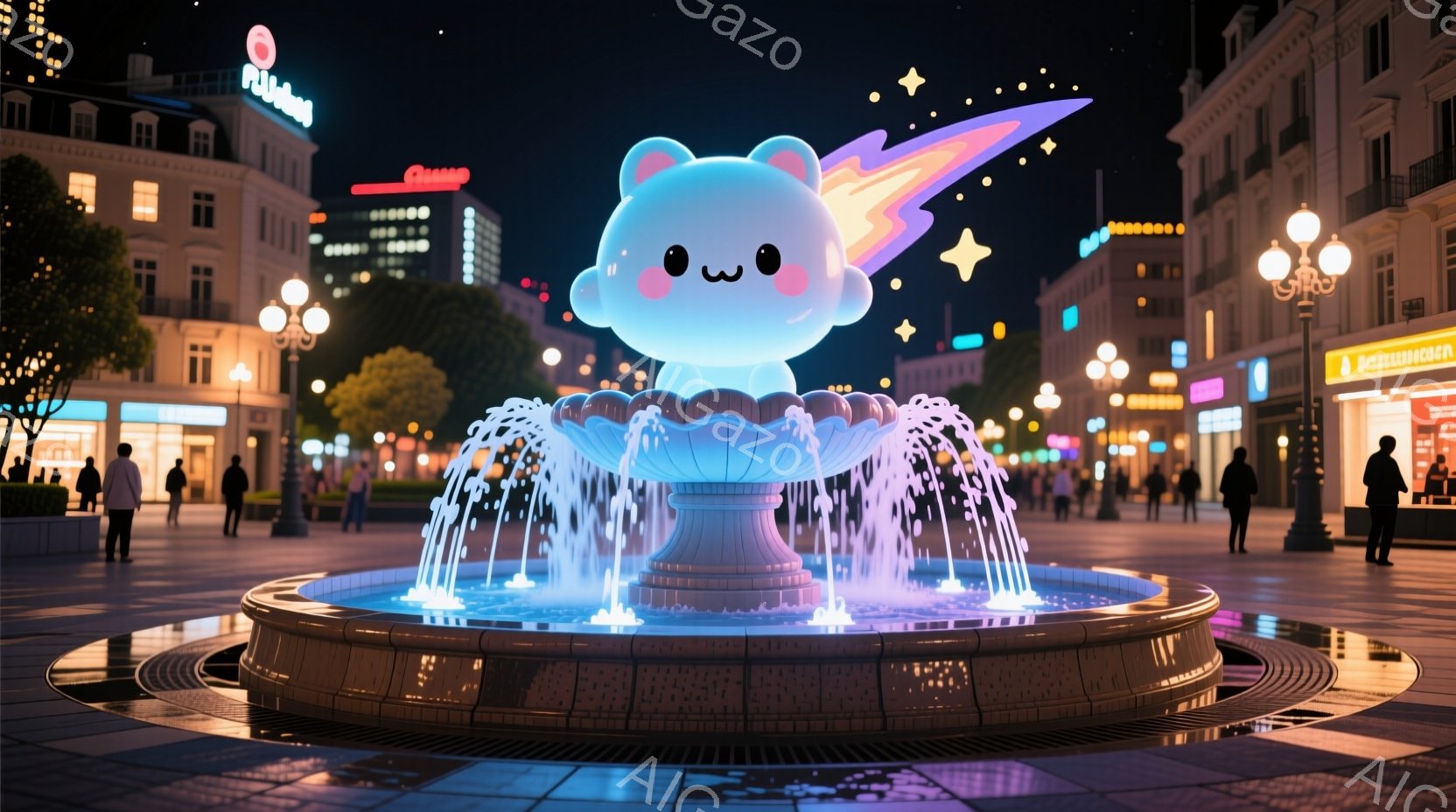 夜の街の中心にある噴水が、ふわふわとした雲のようなキャラクターによって飾られています。そのキャラクターは明るい水色で、星のような光を放ちながら、まるで生きているかのように水しぶきを上げています。周囲に - AI生成フリー素材