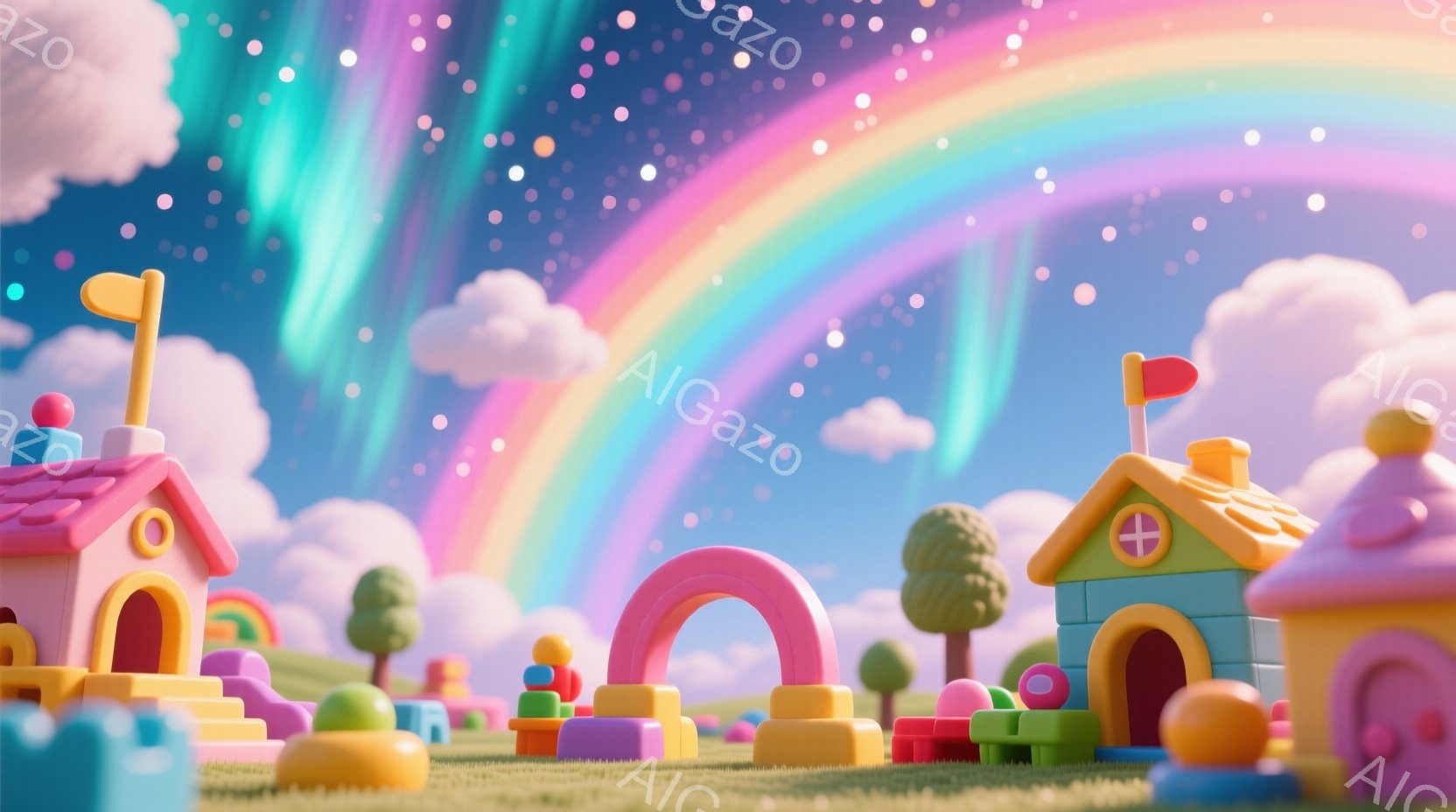 カラフルな積み木で作られた家やアーチが緑の丘に点在する、おもちゃのような世界が描かれています。背景には、虹が架かり、綿菓子のような雲と星空が広がり、夢のような幻想的な雰囲気を醸し出しています。全体的に明るく、遊び心にあふれた色彩が、子供のような純粋さを感じさせます。