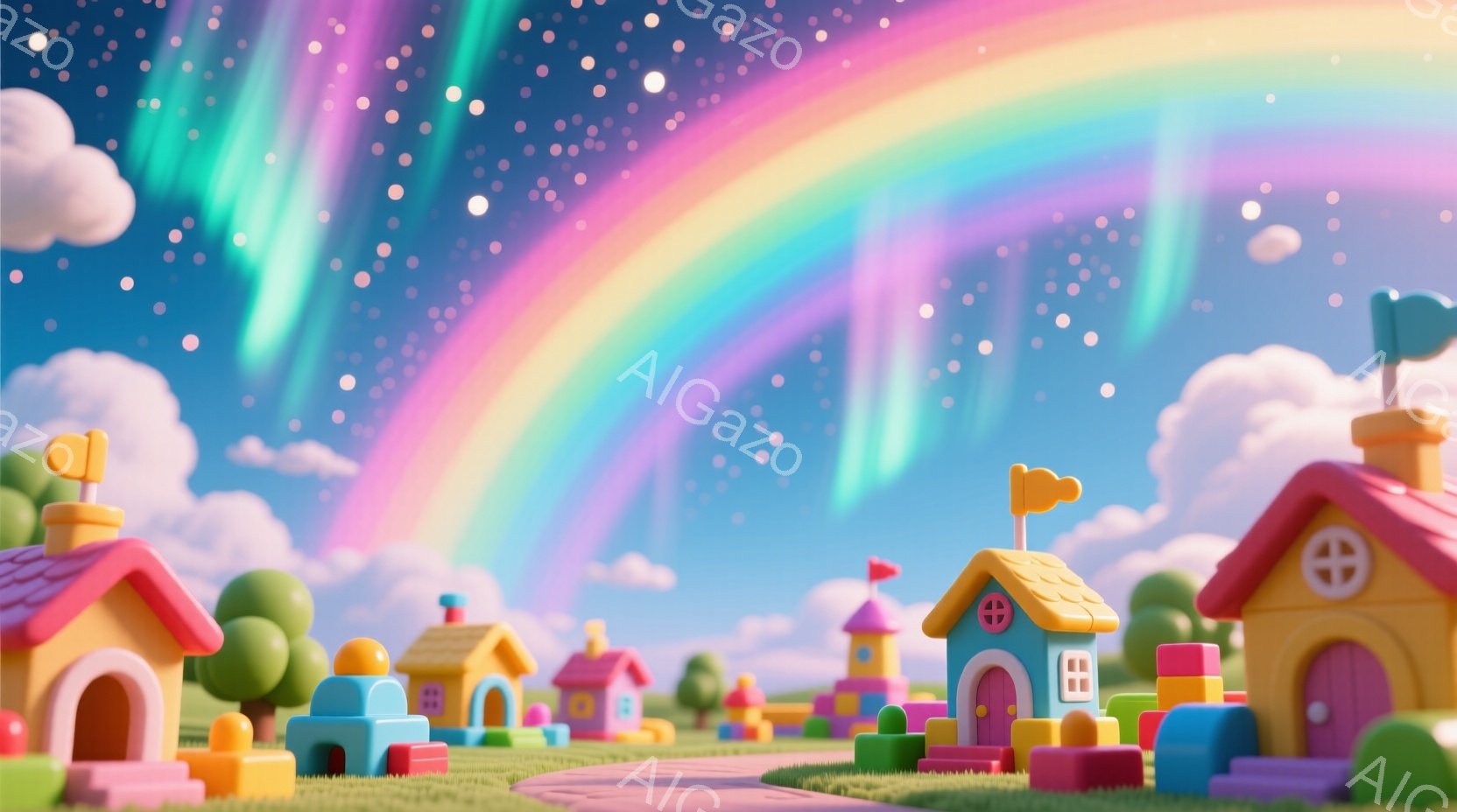 カラフルな積み木のような家々が並ぶ、夢のような風景です。背景には虹がかかり、空には星が散りばめられており、柔らかいパステルカラーが全体を包み込んでいます。草の生えた道が遠くまで続き、どこか懐かしい、温 - AI生成フリー素材
