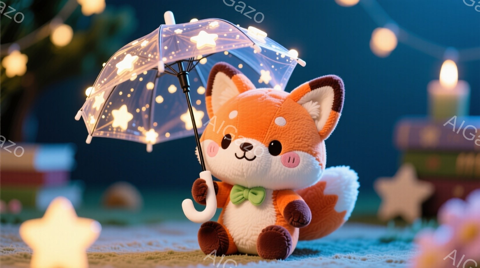 ふわふわのオレンジ色のキツネのぬいぐるみが、透明で星が描かれた傘を手にしています。緑色のボウタイをつけ、丸い頬はほんのり赤く、可愛らしい表情をしています。背景には、ぼやけた桜の木や、明るく光る電球、星型の光が散りばめられており、暖かく幻想的な雰囲気です。