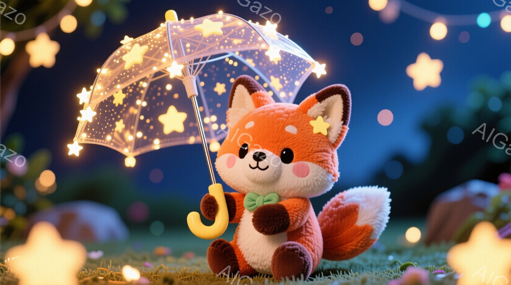 緑の草の上に座っている、愛らしいオレンジ色のキツネを描いています。キツネはエメラルドグリーンの蝶ネクタイと、星が散りばめられた透明の傘を持っています。背景にはぼやけた木々や、柔らかな光を放つ複数の光の - AI生成フリー素材