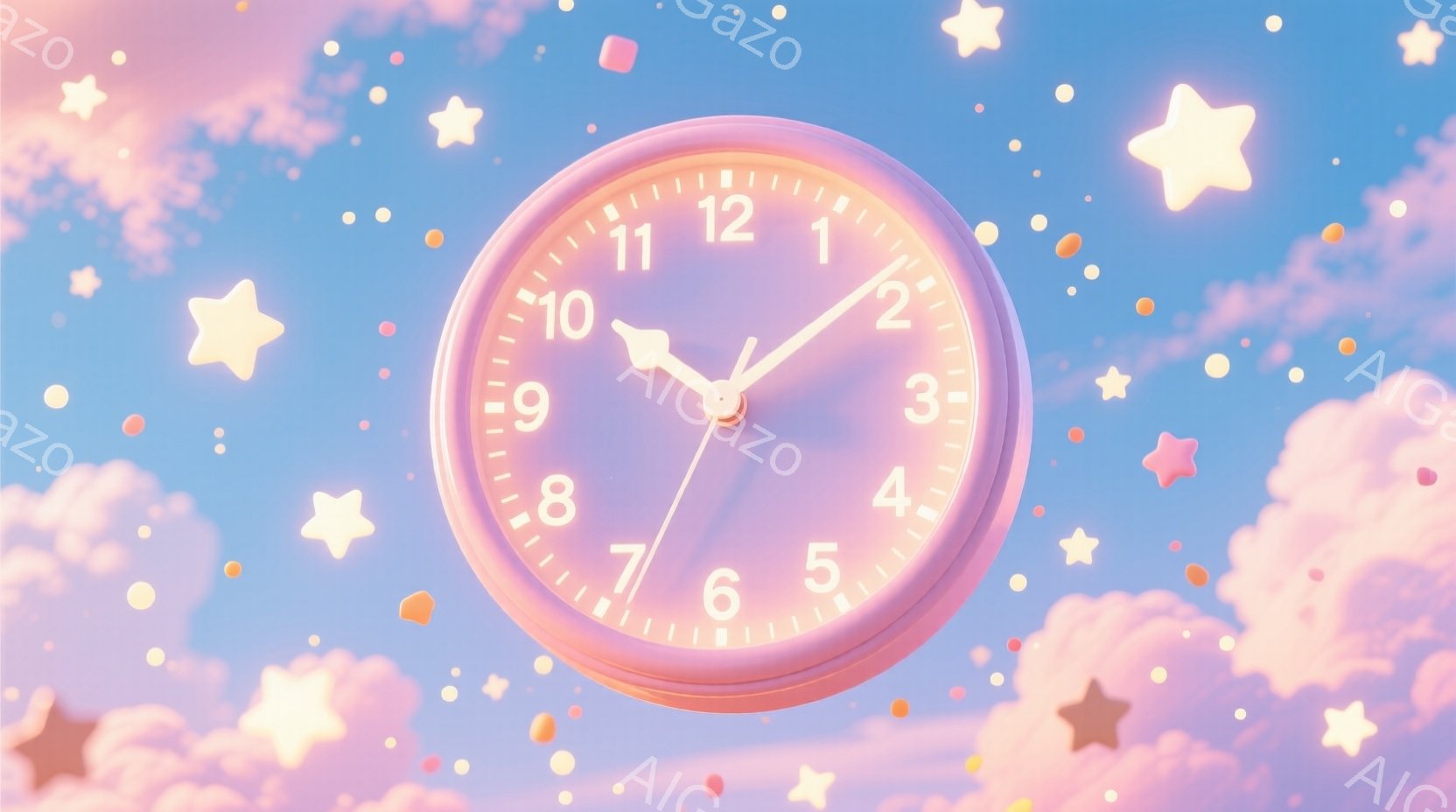 淡いピンク色の時計が、ふわふわとした雲とキラキラした星々の中に浮かんでいます。時刻はほぼ3時を指しており、優しいパステルカラーの背景が、夢のような、幻想的な雰囲気を醸し出しています。全体的に柔らかく、可愛らしい印象を与える画像です。