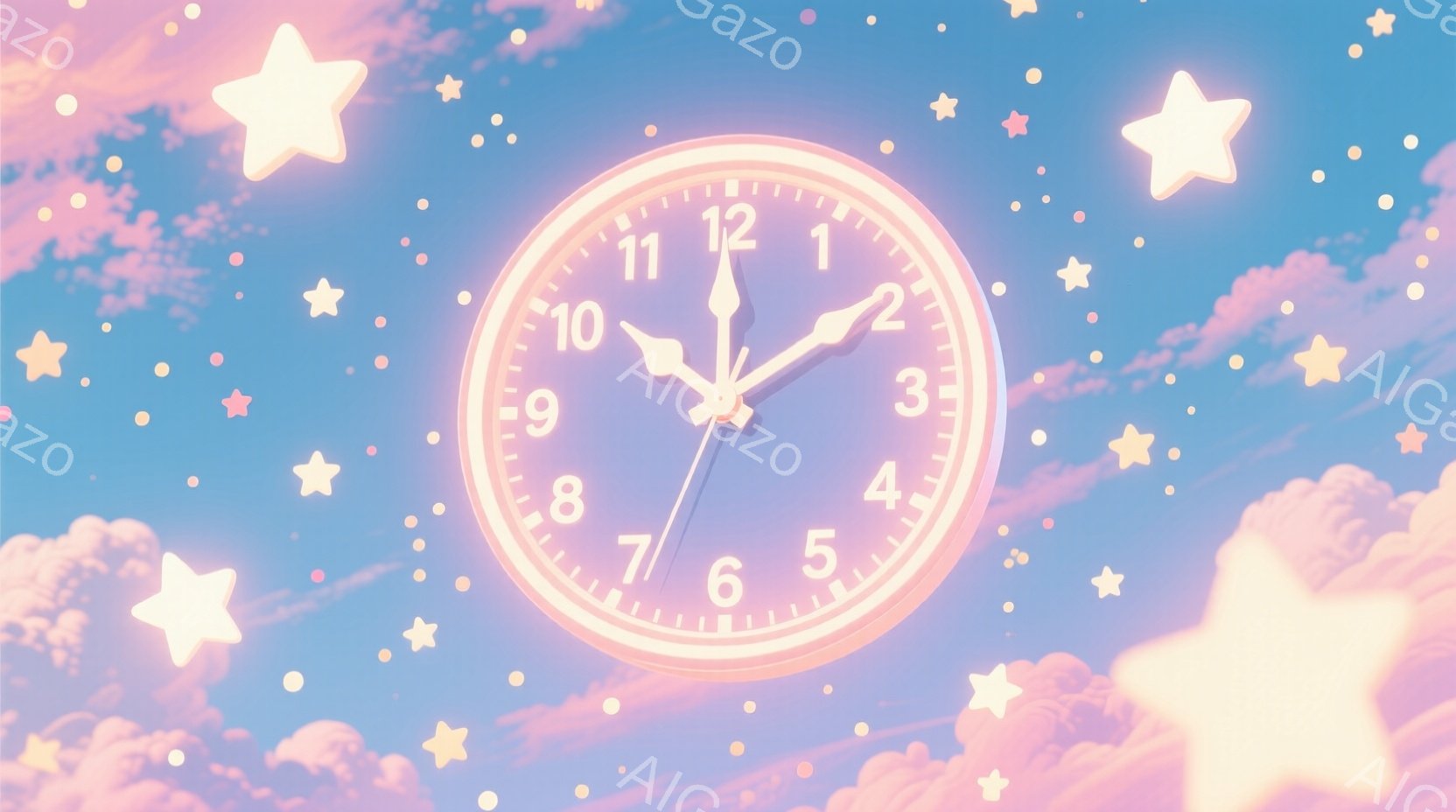 空に浮かぶアナログ時計が印象的な画像です。時計は薄いピンク色で、時刻はほぼ2時半を示しています。背景はパステルブルーとピンクの雲で満たされ、星が散りばめられており、夢のような幻想的な雰囲気を醸し出しています。