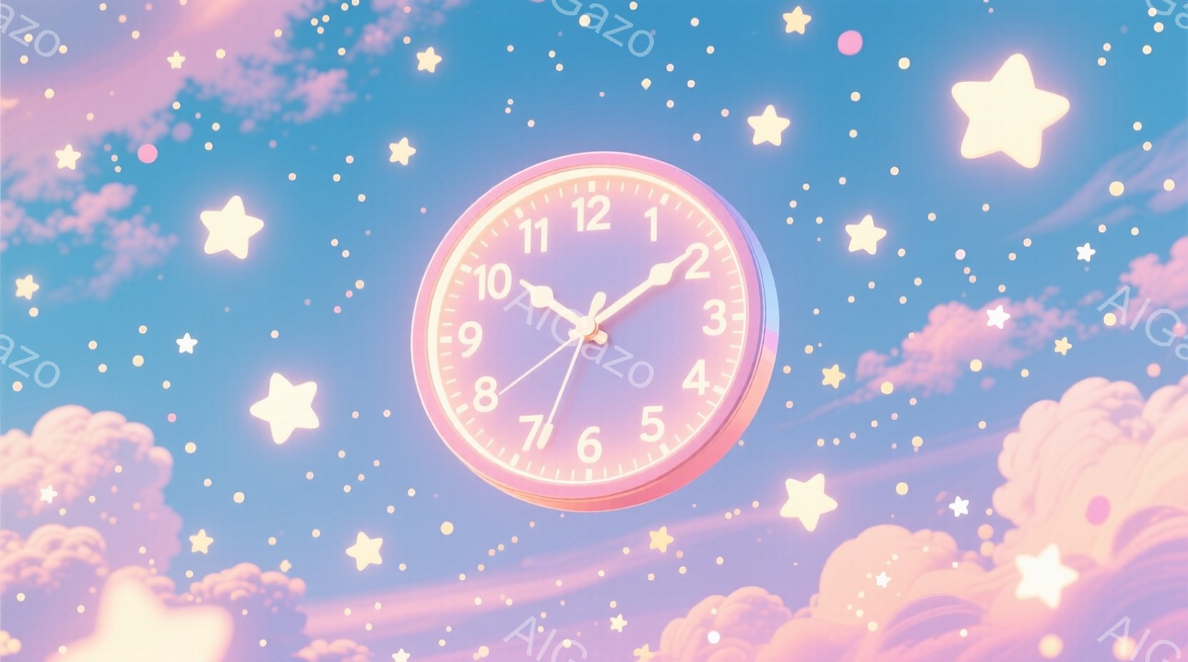 空にはふわふわとしたピンクと紫色の雲が浮かび、たくさんの星が散りばめられています。中央には、パステルピンクの枠で囲まれた時計が浮かんでおり、時刻はだいたい7時40分を示しています。全体的に夢のような、 - AI生成フリー素材