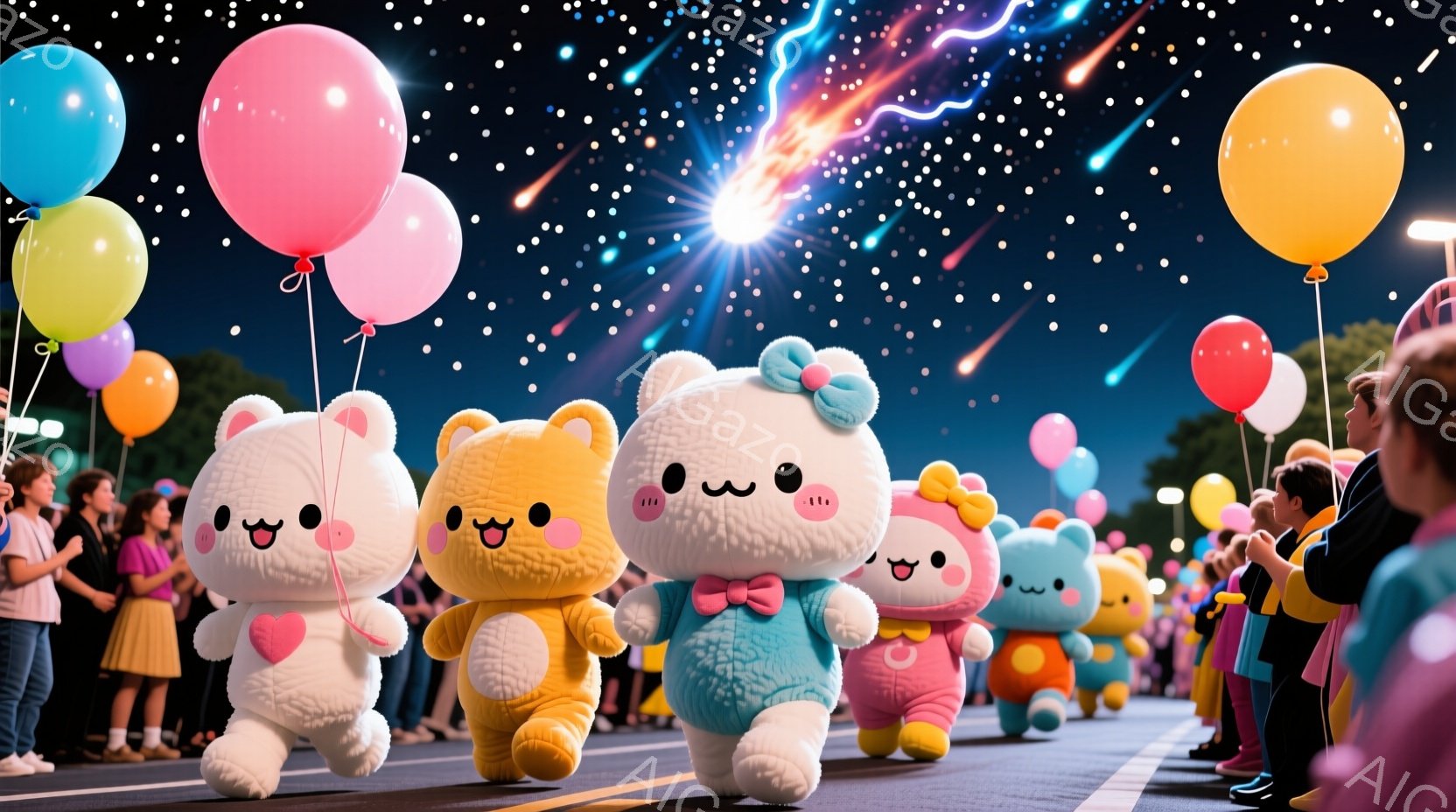 夜の遊園地のような場所で、大きなふわふわしたクマのキャラクターたちが列をなして歩いている。キャラクターたちはそれぞれパステルカラーの服を着ており、顔には可愛らしい表情が描かれている。背景には花火が打ち上げられ、観客が両側に並んでおり、お祭りやイベントのような賑やかな雰囲気が漂っている。