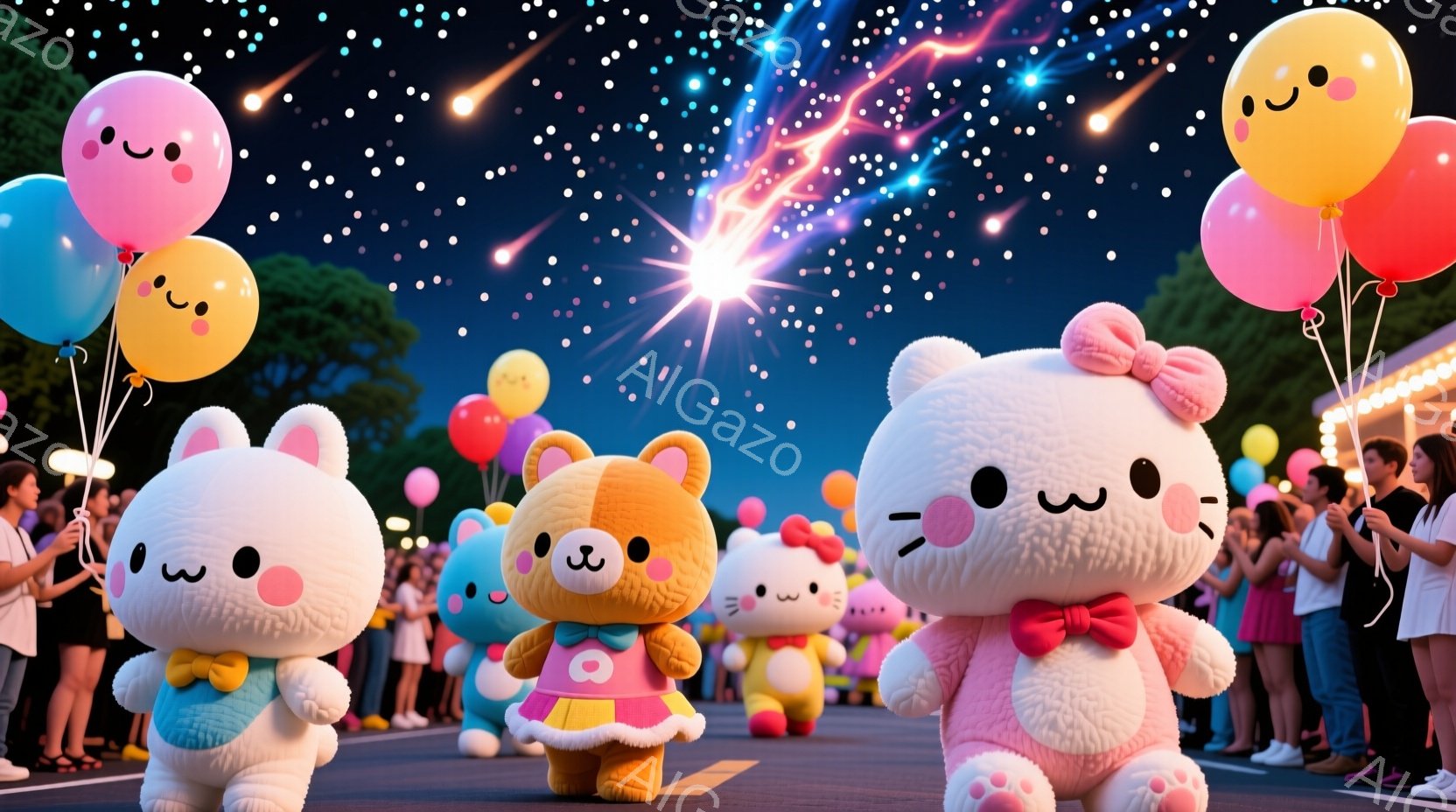 夜空を背景に、可愛らしい動物の着ぐるみがパレードをしている様子が描かれています。ウサギ、クマ、ネコはそれぞれパステルカラーの衣装を身につけ、楽しそうな表情で歩いています。観客は道路の両側に立ち、華やかな夜空と花火がイベントの活気を盛り上げています。