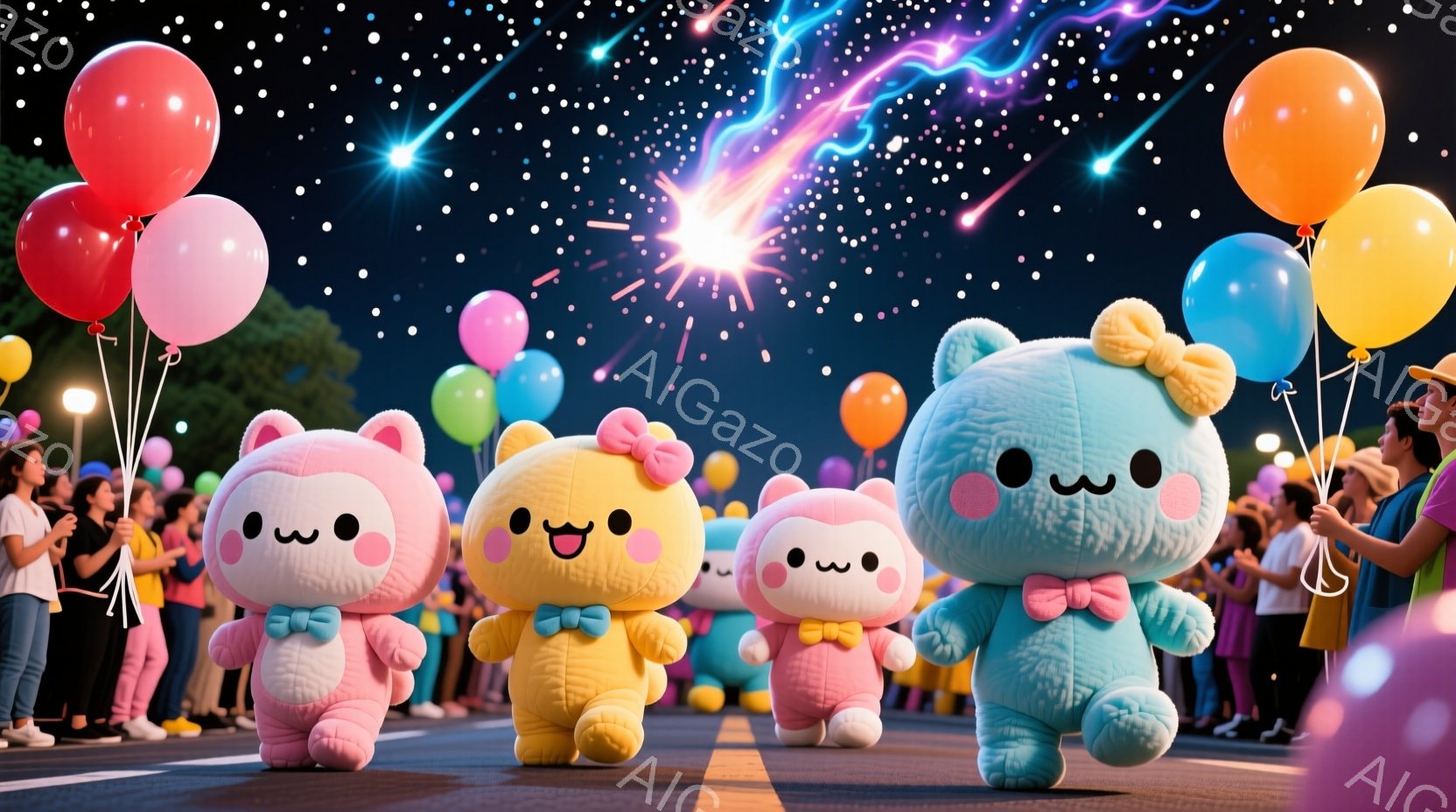 歩道にピンク、黄色、水色の可愛らしいキャラクターたちが整列し、行進しています。彼らは皆、頭に小さな角のようなものがついており、同じ色のリボンで結ばれた蝶ネクタイを身につけています。背景には、多くの人々 - AI生成フリー素材