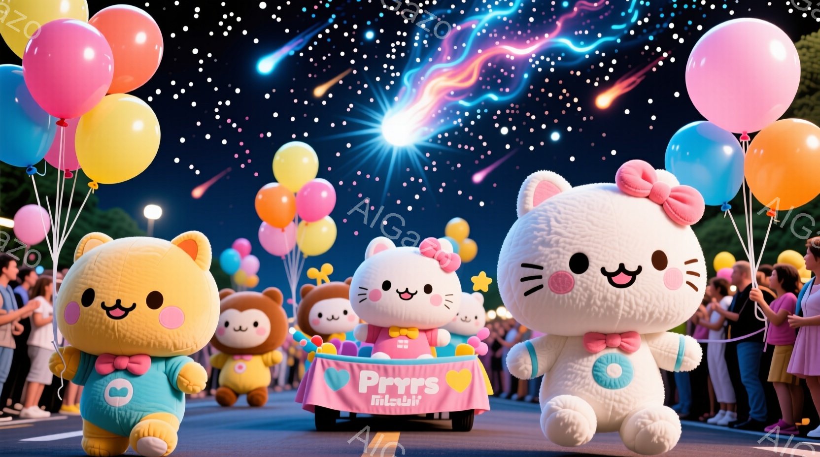 パレードで移動する大きな猫のキャラクターが写っています。ピンク、黄色、白の３匹の猫は、それぞれリボンと蝶ネクタイで飾られた服を着て、笑顔で手を振っています。背景には、群衆と色とりどりの風船、そして夜空に輝く花火が描かれ、お祭り騒ぎの活気あふれる雰囲気が表現されています。