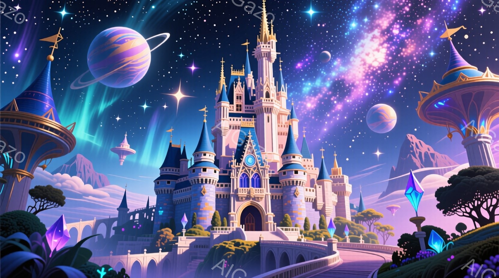 幻想的な夜空を背景に、青と紫を基調とした壮大な城がそびえ立っています。雲海の上に浮かぶ城は、尖塔やドームが特徴的で、夜空に輝く惑星や星々、そして打ち上げられる花火が、まるで魔法のような雰囲気を醸し出しています。周囲には、奇妙な形の植物やクリスタルのようなオブジェが点在し、まるで異世界に迷い込んだかのような感覚を覚えます。