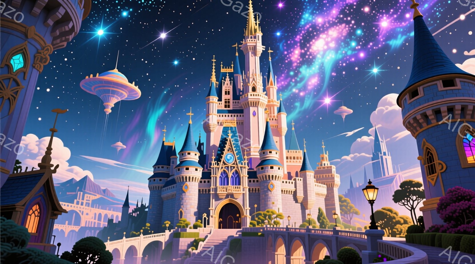 壮大な城が夜空に浮かび、鮮やかな花火がその上空を彩っている。城は高い尖塔と複雑な装飾が施されており、周囲には小さな建物や緑豊かな庭園が広がっている。空には、幻想的な飛行物体が点在し、夢のような雰囲気を - AI生成フリー素材