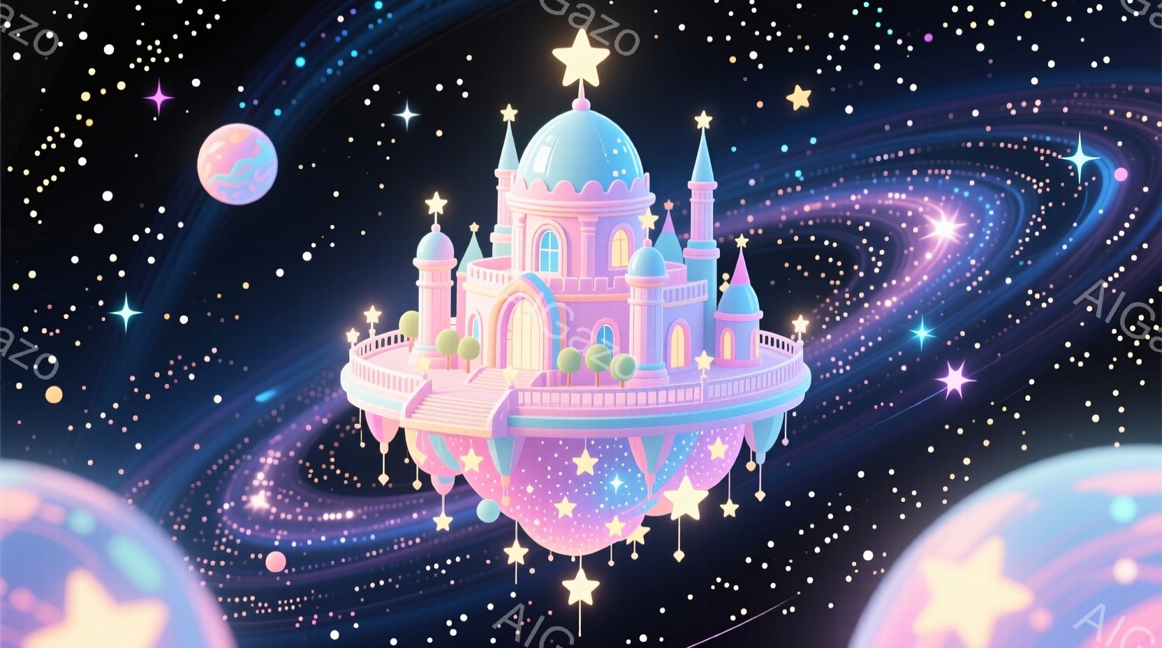 鮮やかなピンクと水色の幻想的なお城が、星が散りばめられた宇宙空間に浮かんでいます。お城は雲のような台座の上に建てられ、多くの星が周りを飾り、まるで夢のような光景です。背景には渦巻く銀河と、ぼんやりとし - AI生成フリー素材